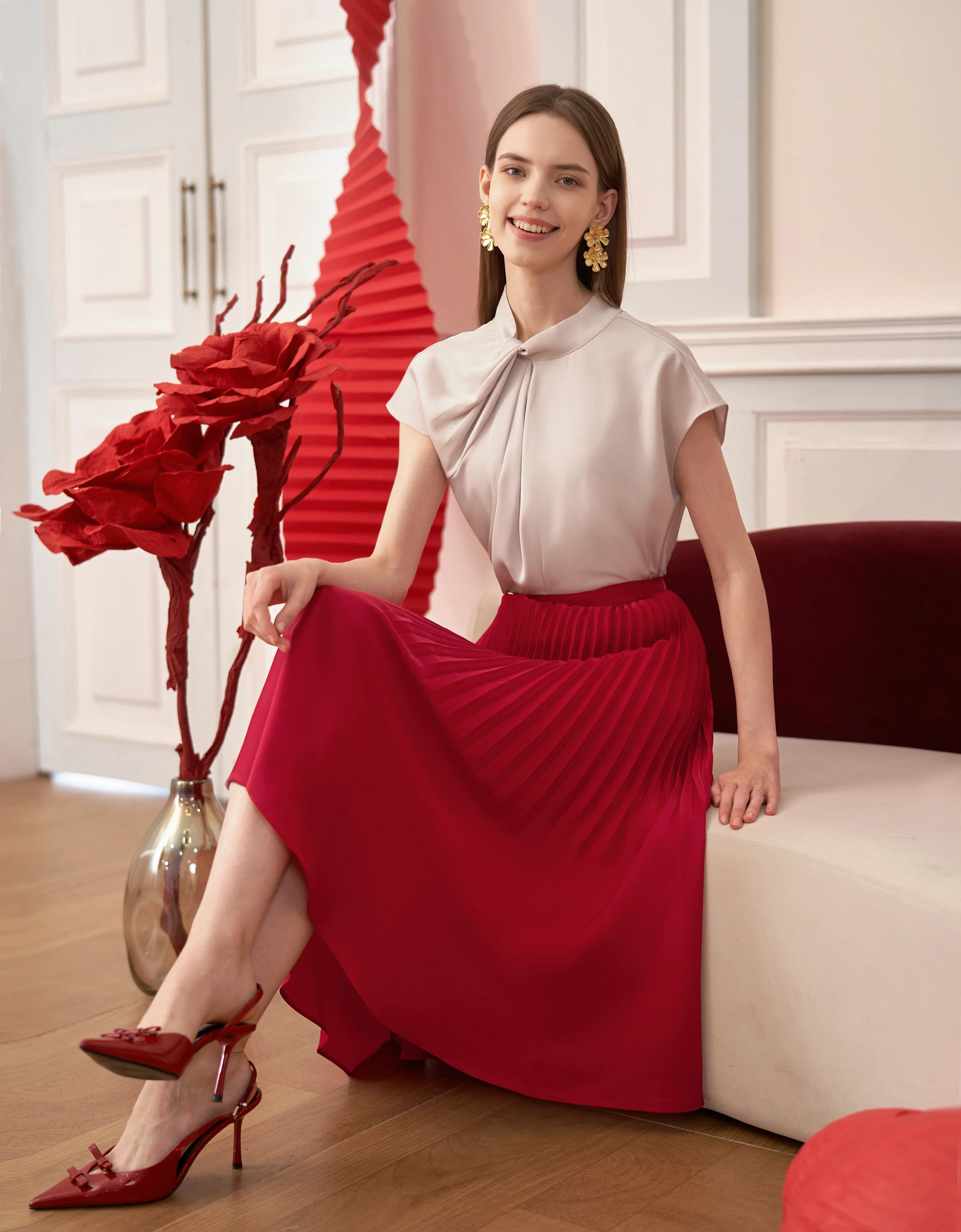 A-line Pleated Midi Skirt