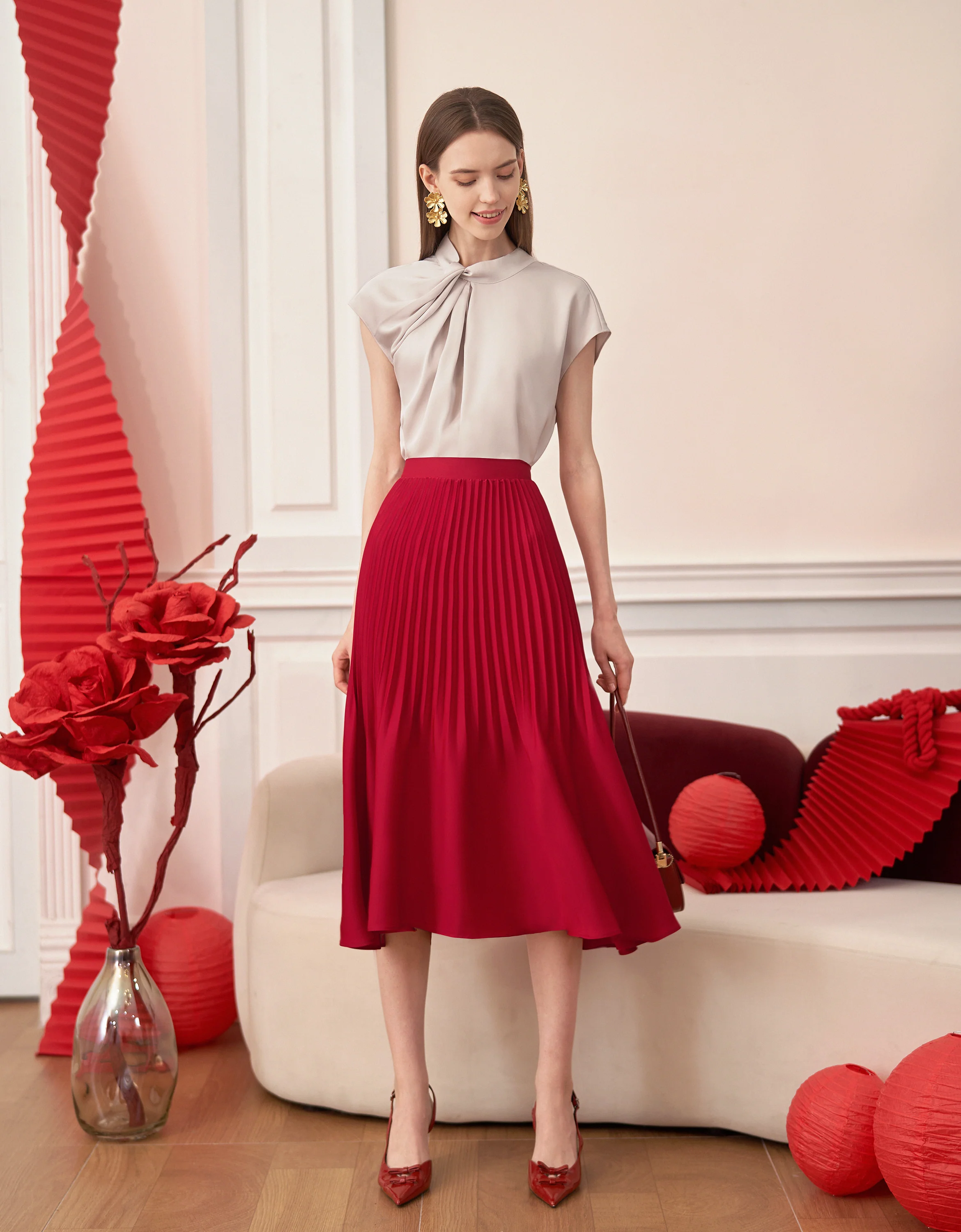 A-line Pleated Midi Skirt - Image 3