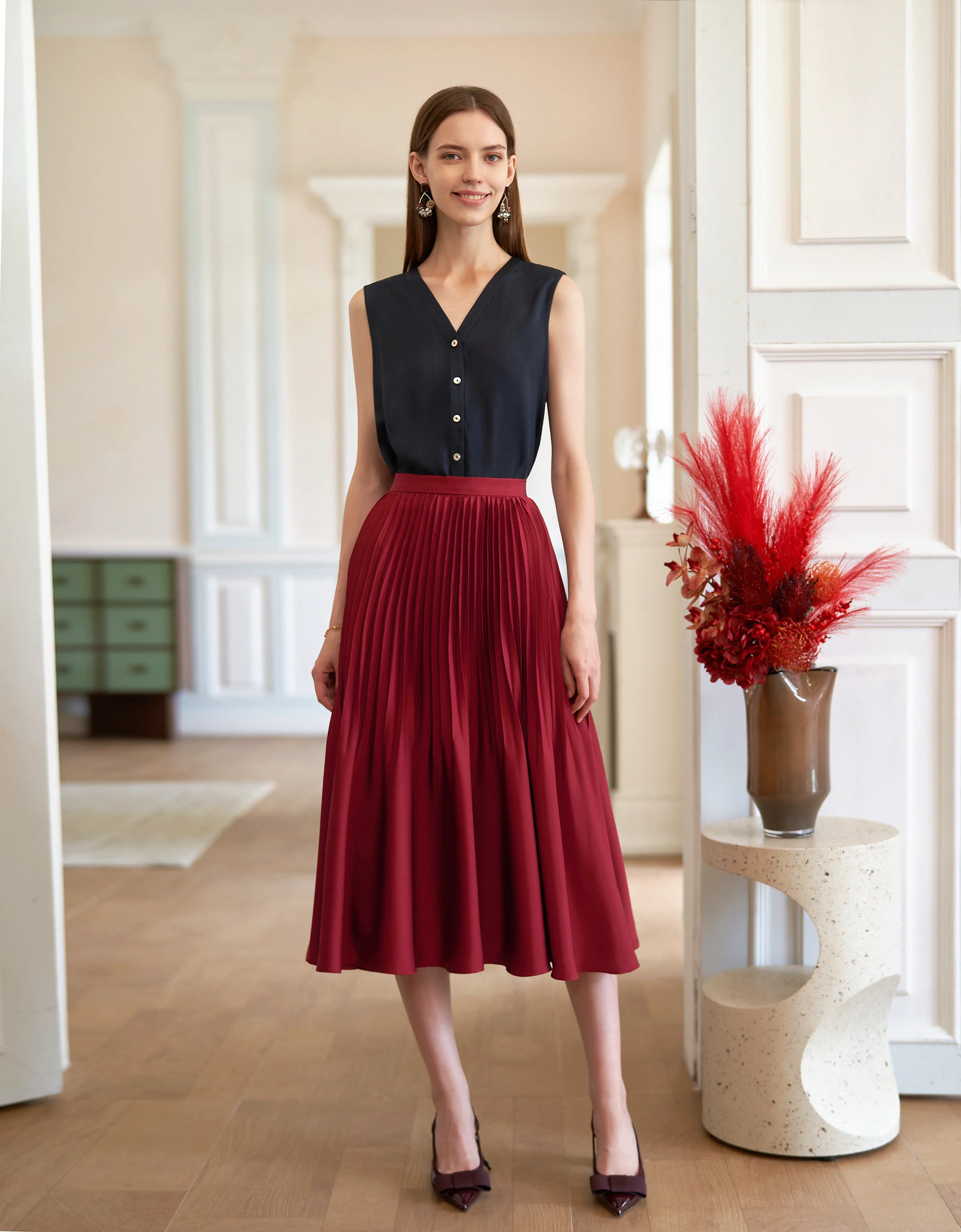 Acetate-blend Button Front V-neck Top - Image 2