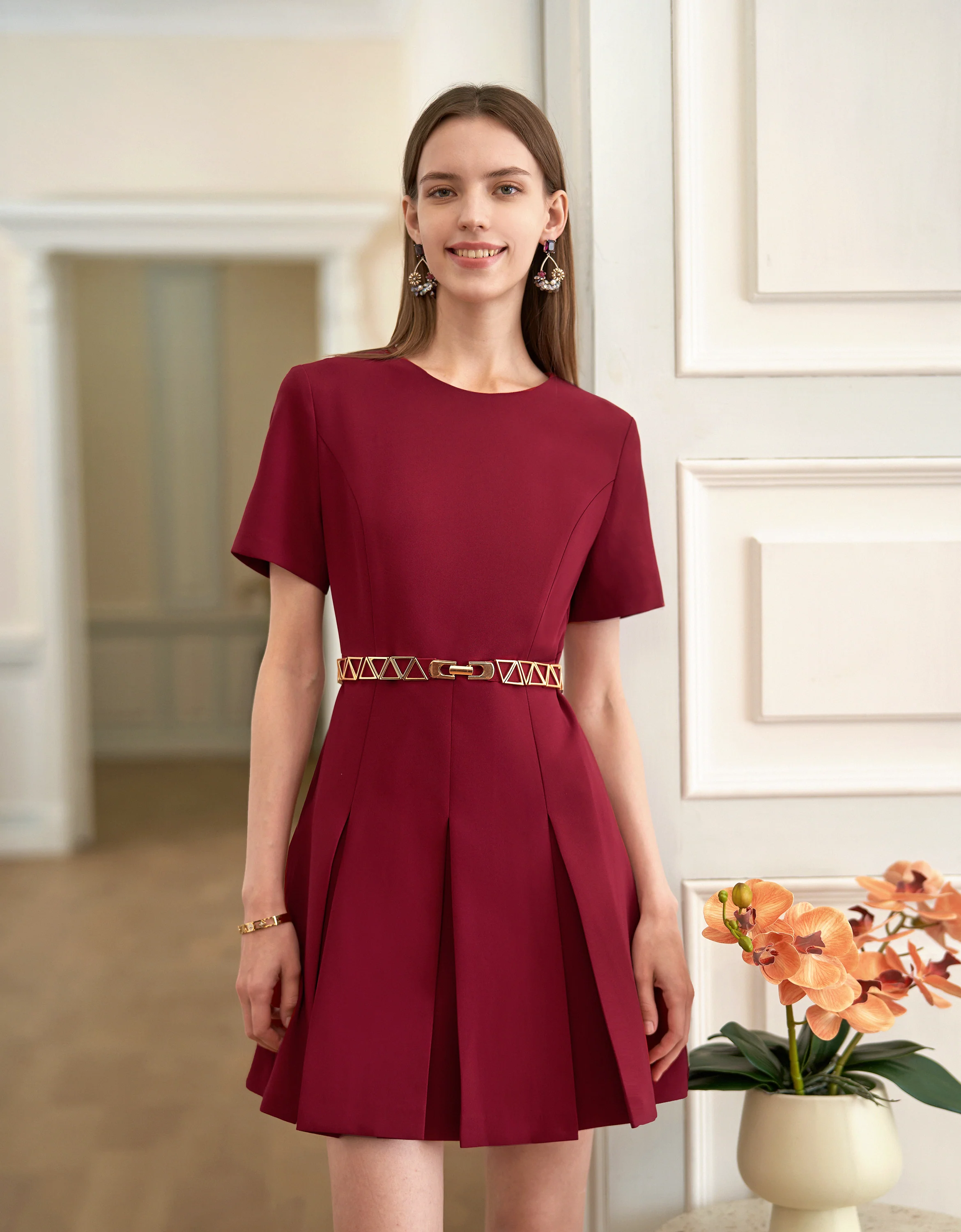 Acetate-blend Short Sleeve Pleated Dress