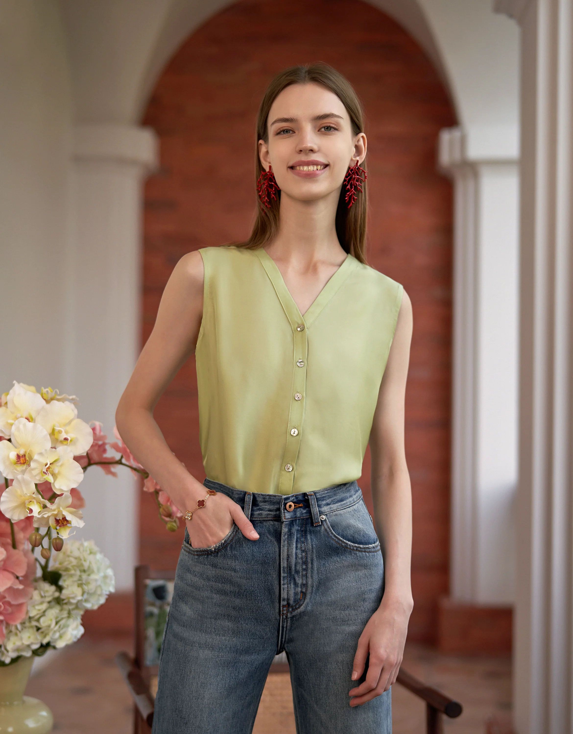 Acetate V-neck Button Front Top