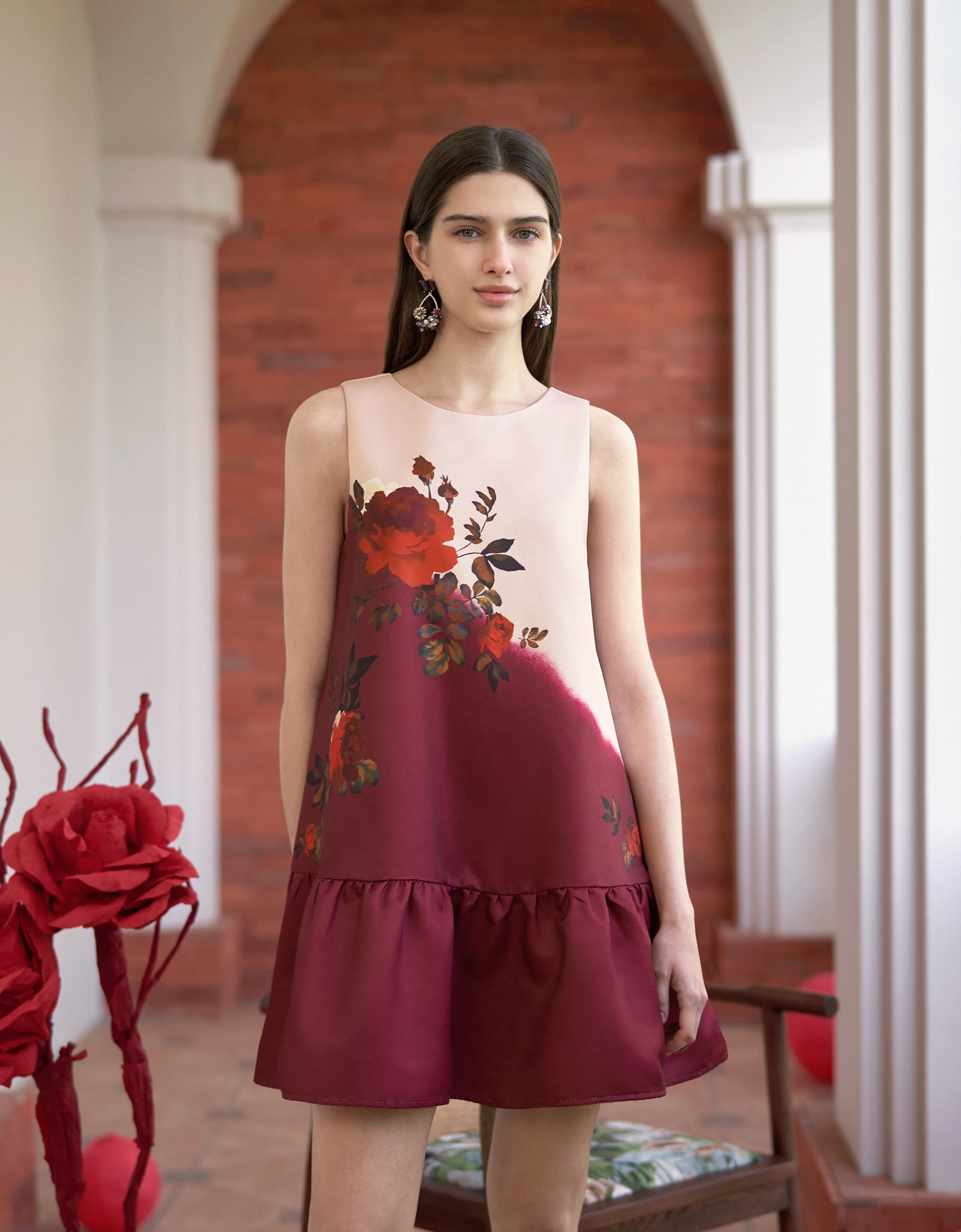 Asymmetric Colorblock Floral Print Sleeveless Dress