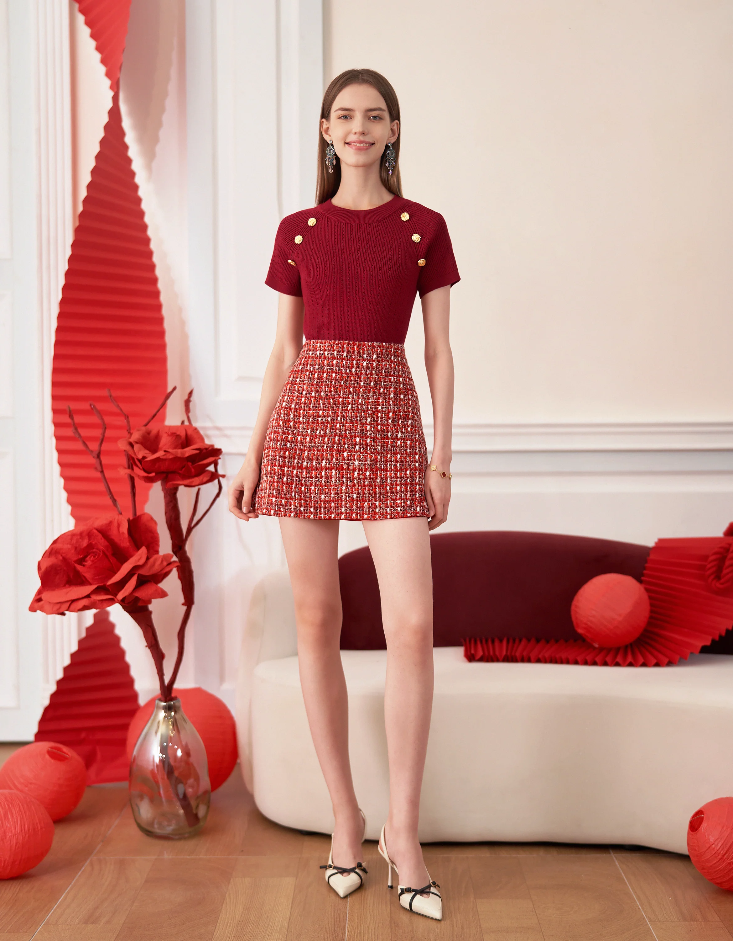 Back Metal Zip Tweed Skirt - Image 5