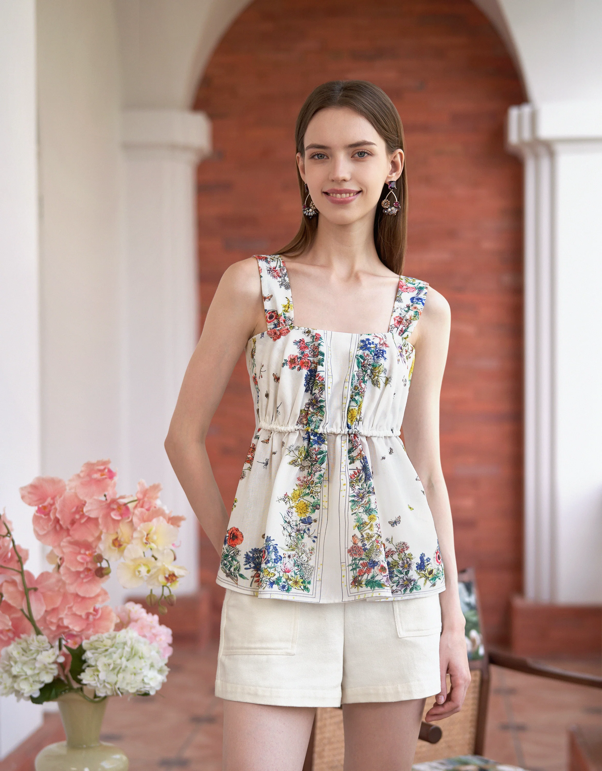 Botanical Print Elastic Waist Strap Top