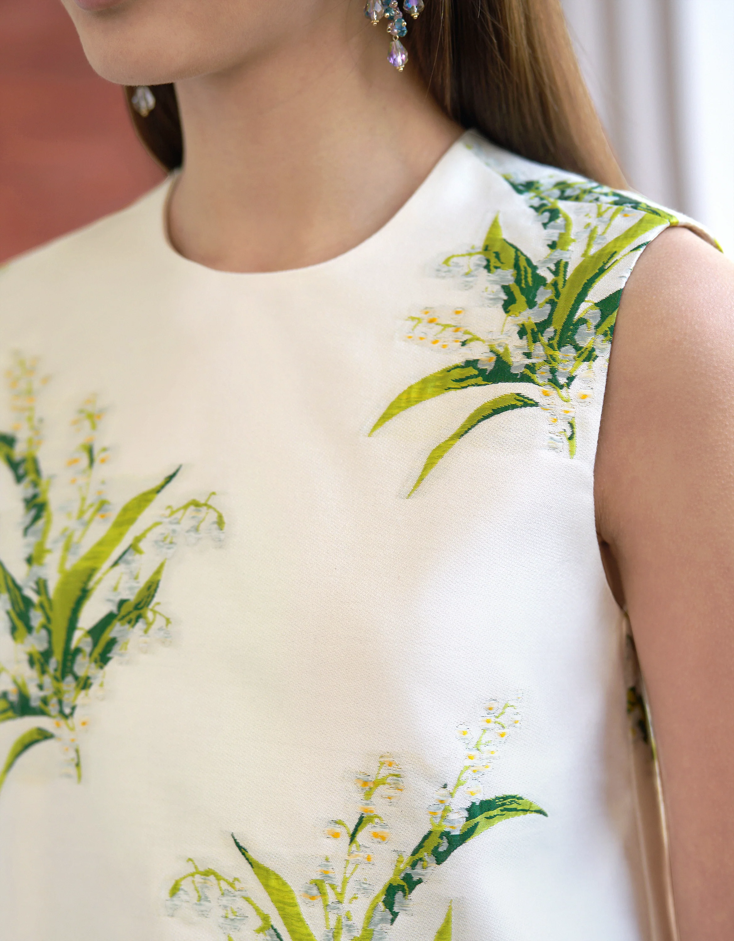 Botanical Print Round Neck Sleeveless Jacquard Dress - Image 6