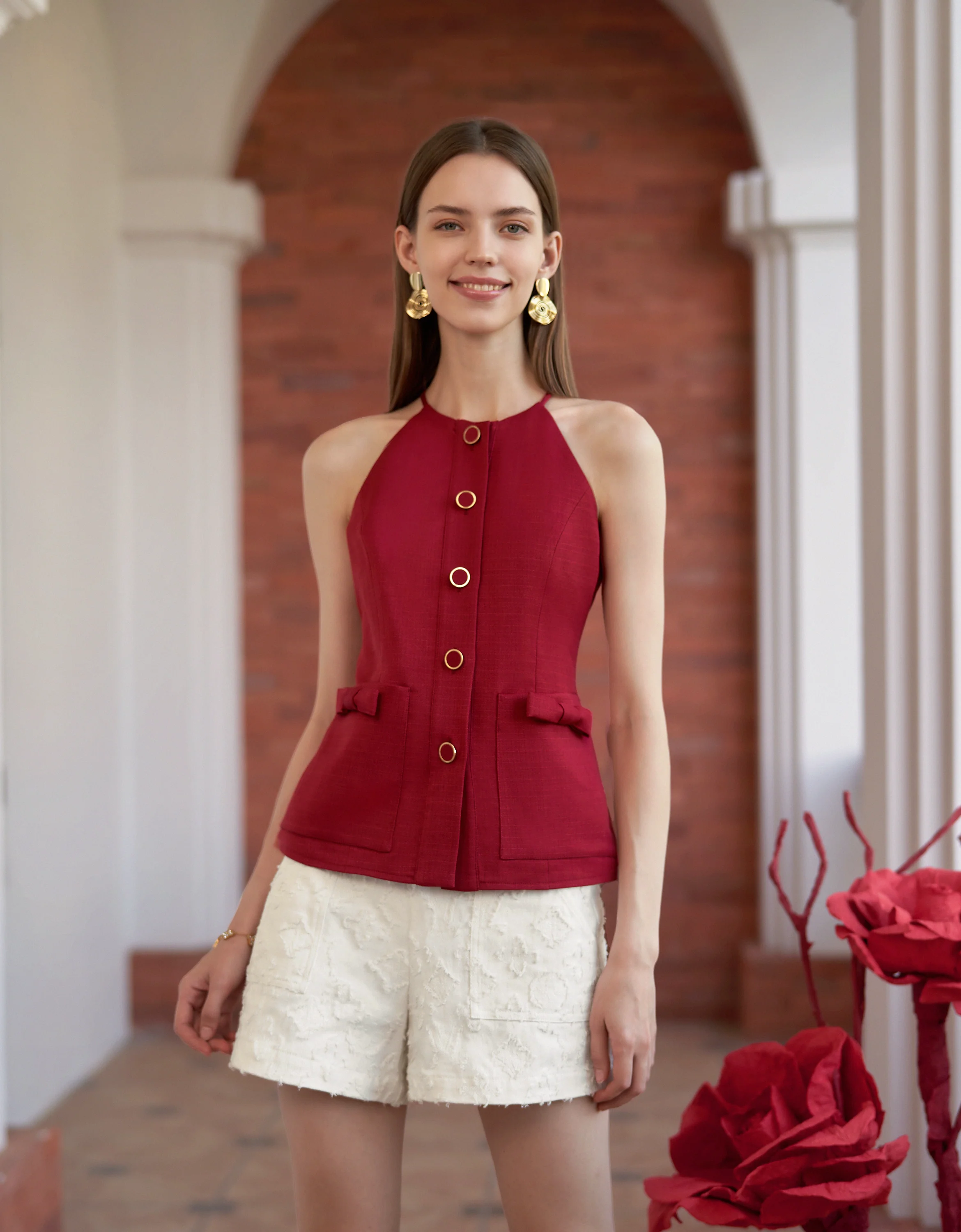 Bow Detail Button Front Sleeveless Top