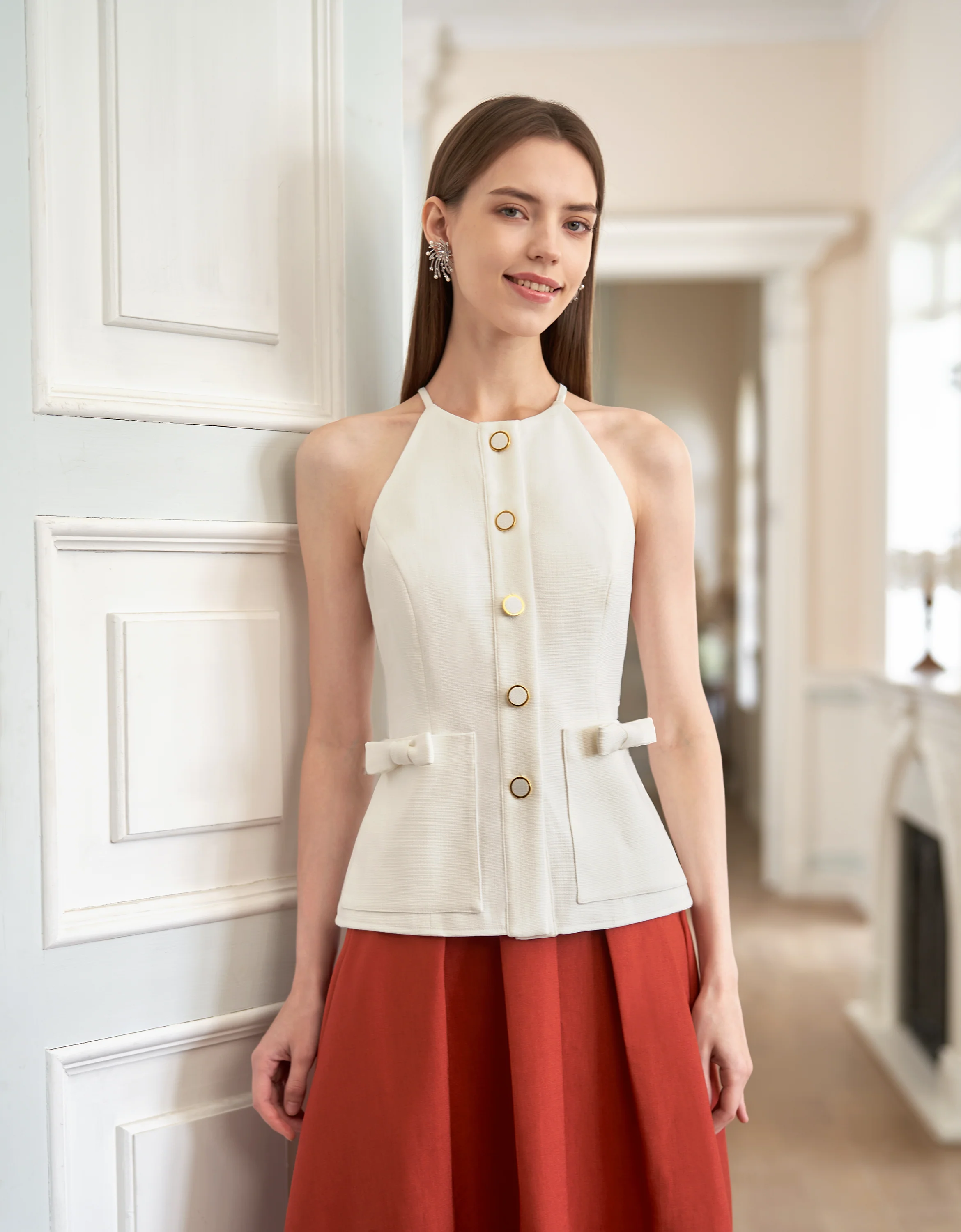 Bow Detail Button Front Sleeveless Top - Image 17