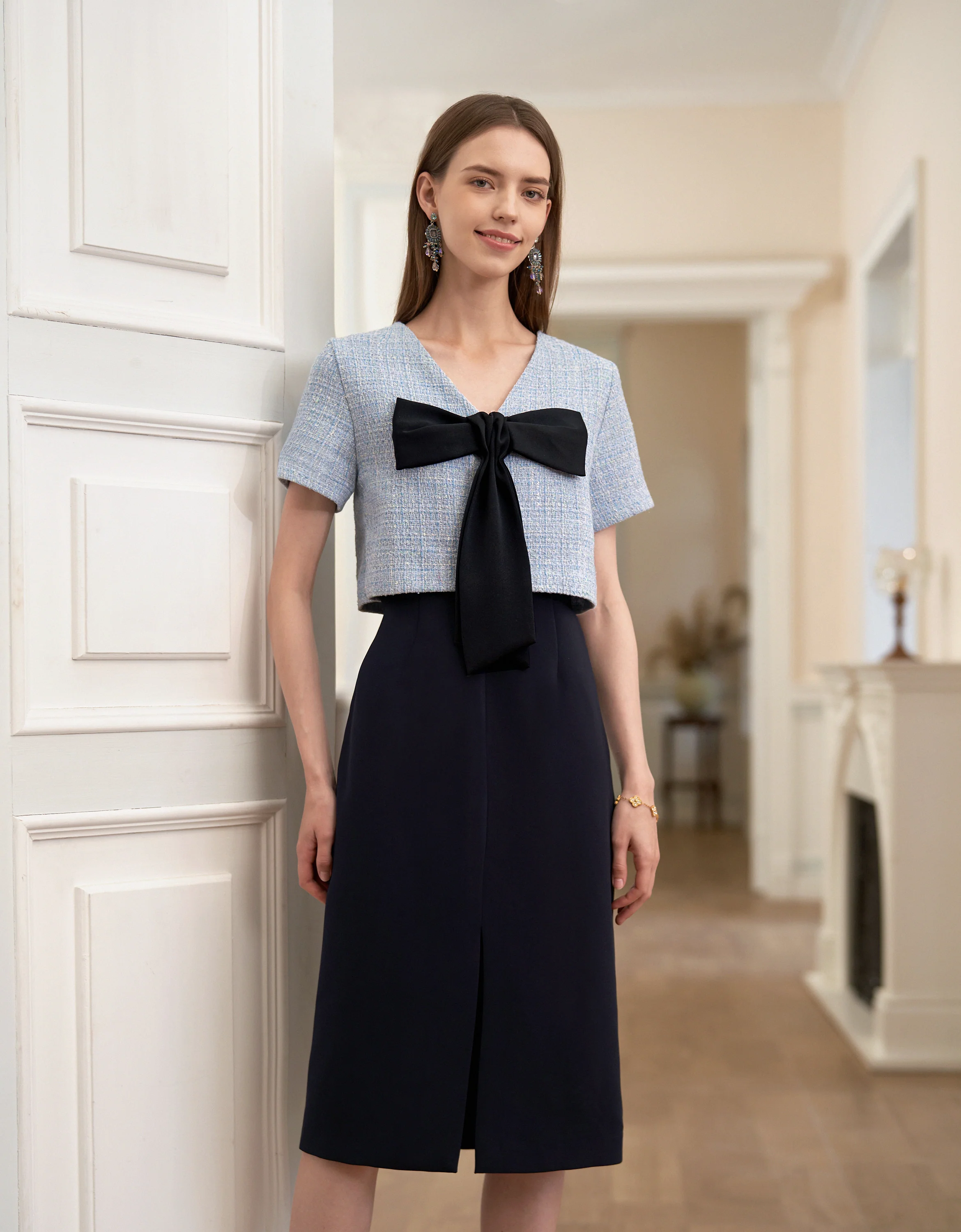 Bow Detail Colorblock Short Sleeve Midi Dress - Image 5