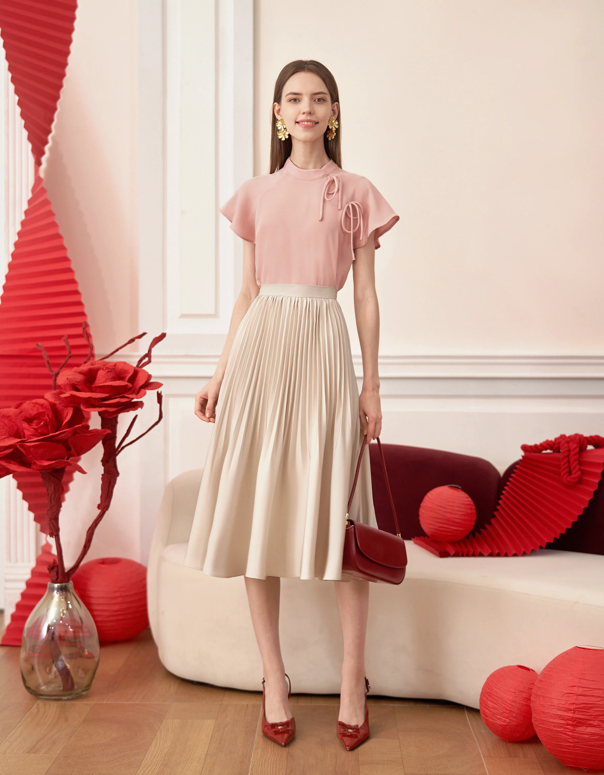 Bow Detail Mandarin Collar Short Sleeve Top