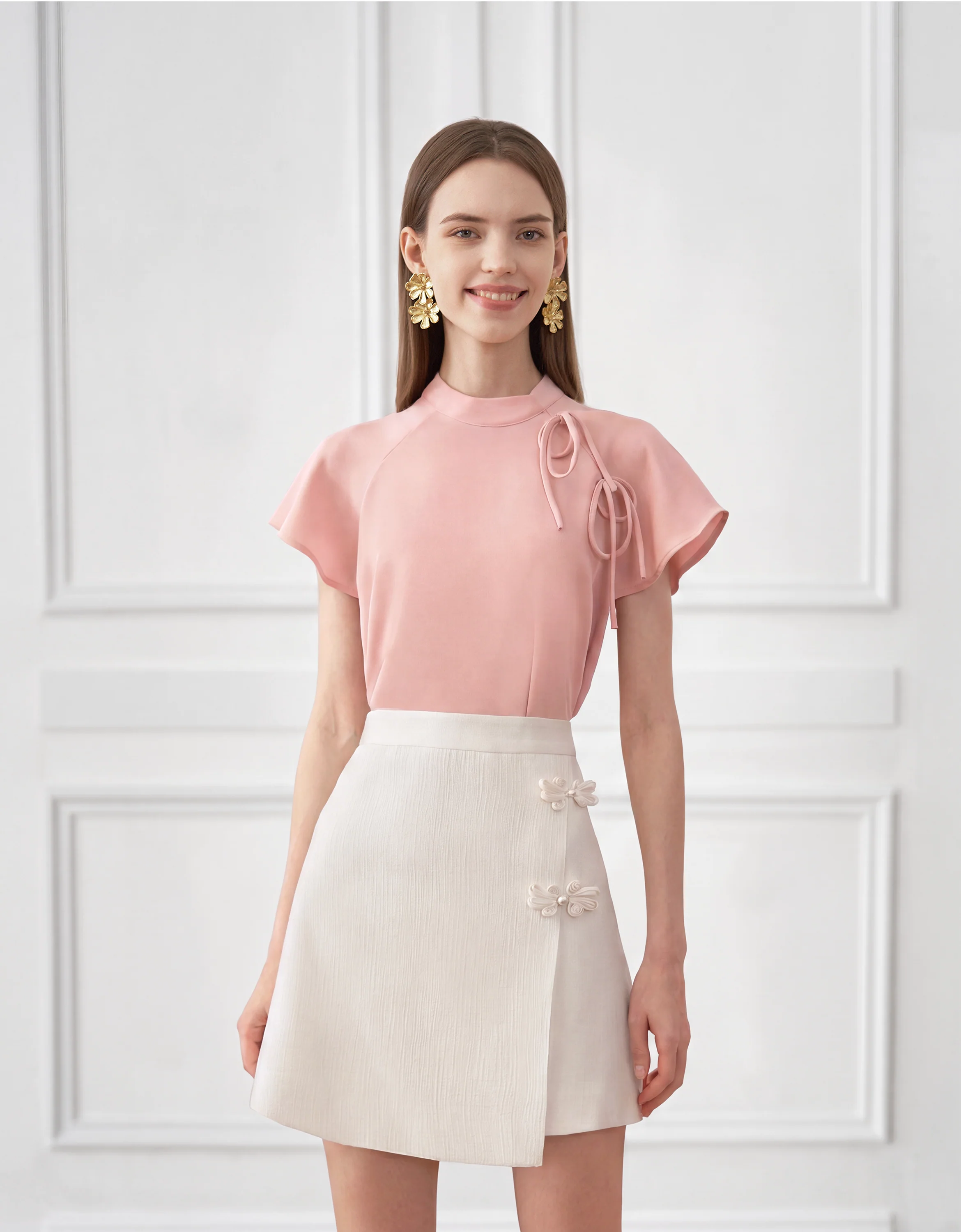Bow Detail Mandarin Collar Short Sleeve Top - Image 2