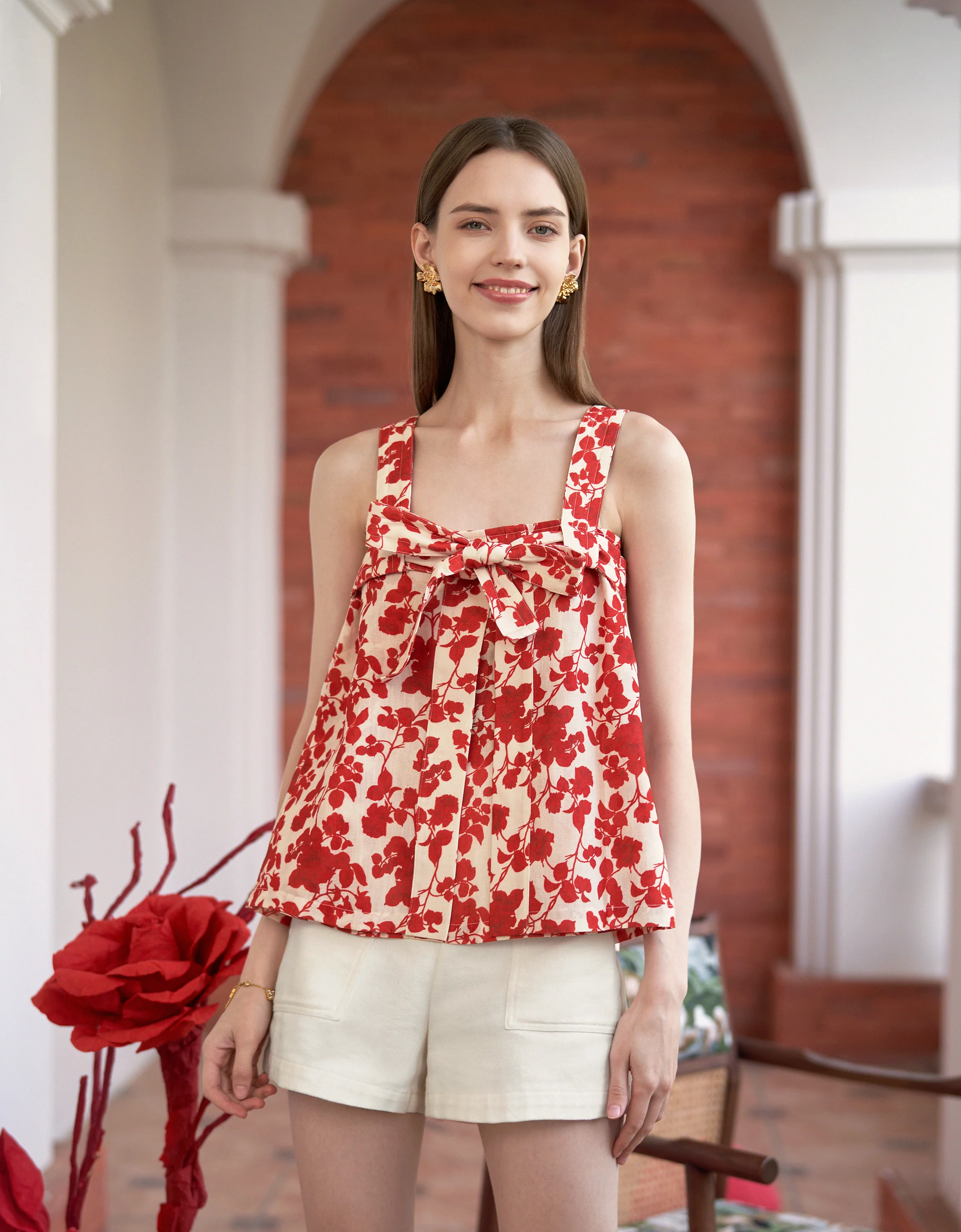 Bow Tie Sleeveless Floral Print Top