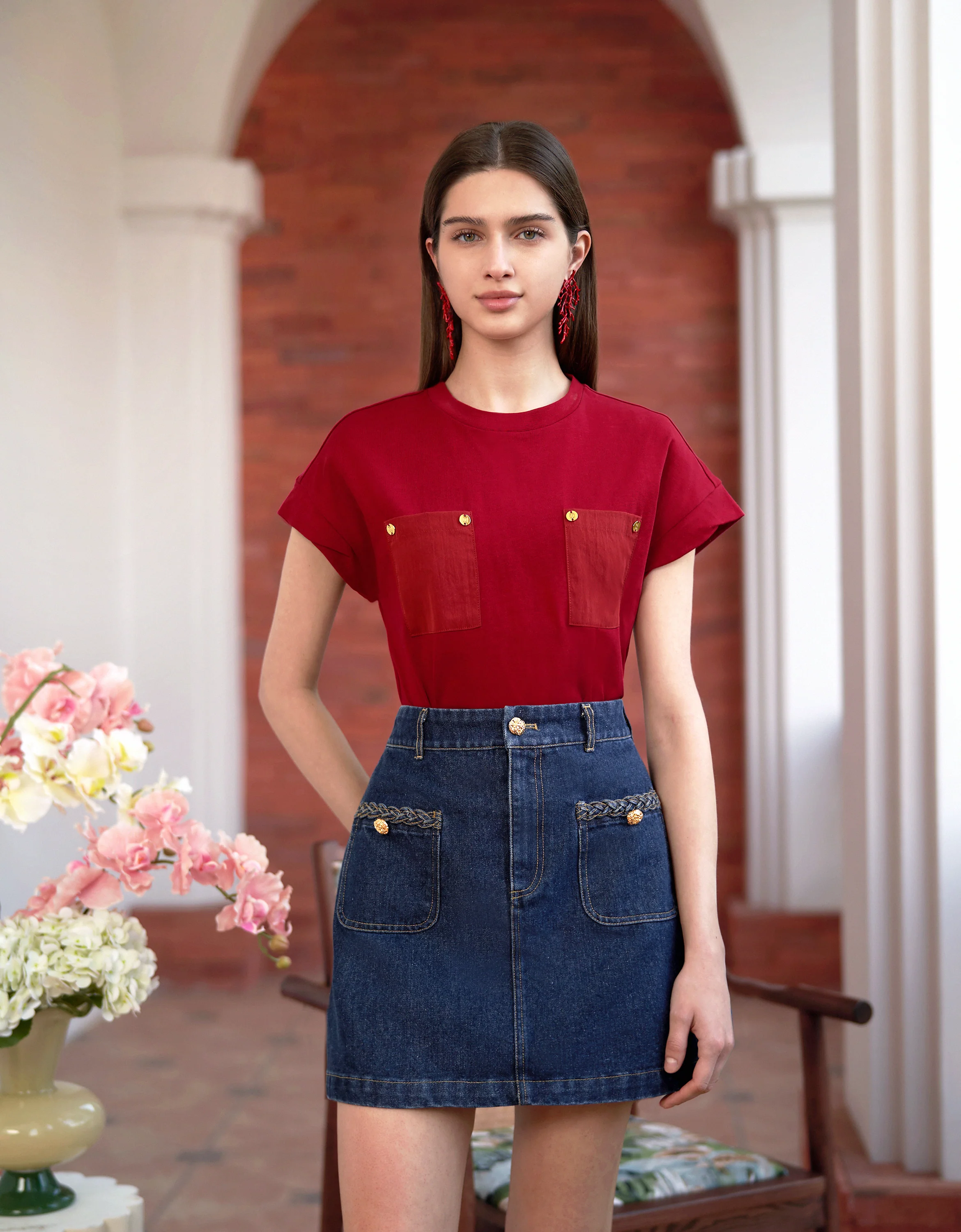 Braided Pocket Trims Denim Mini Skirt - Image 2