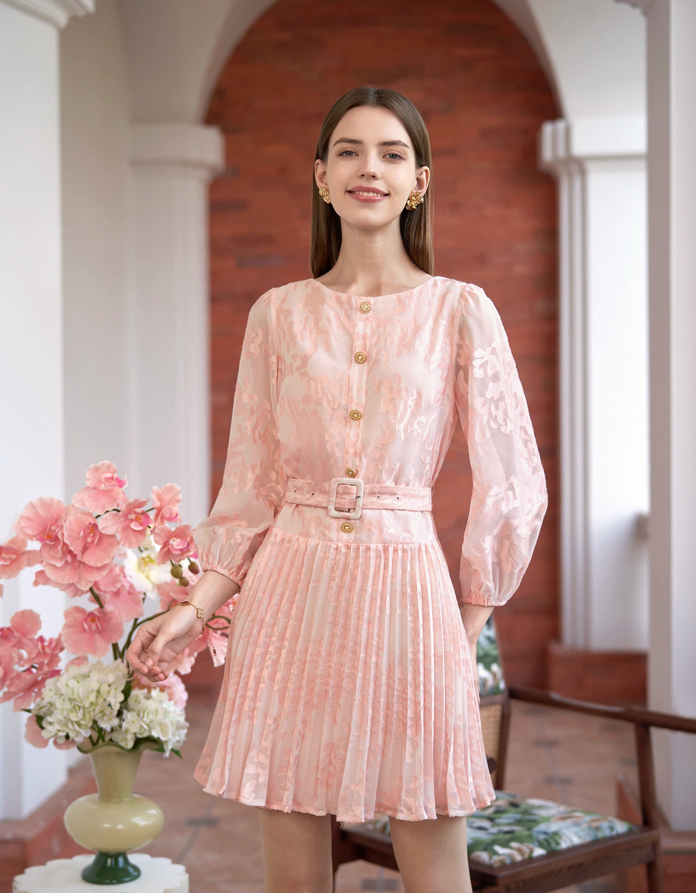 Burnished Fabric 3/4 Sleeve Pleated Dress