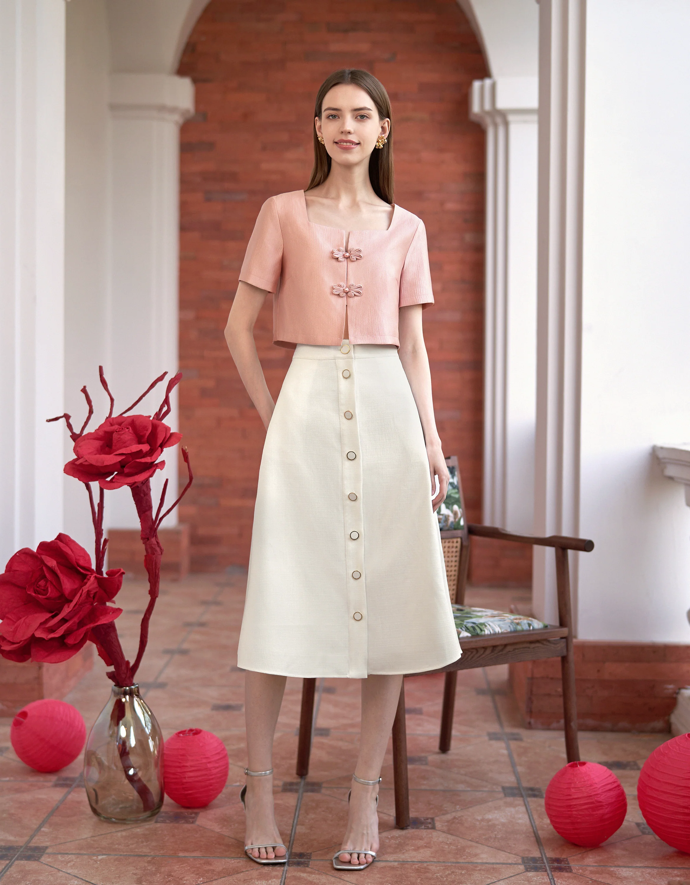 Button Front A-line Midi Skirt