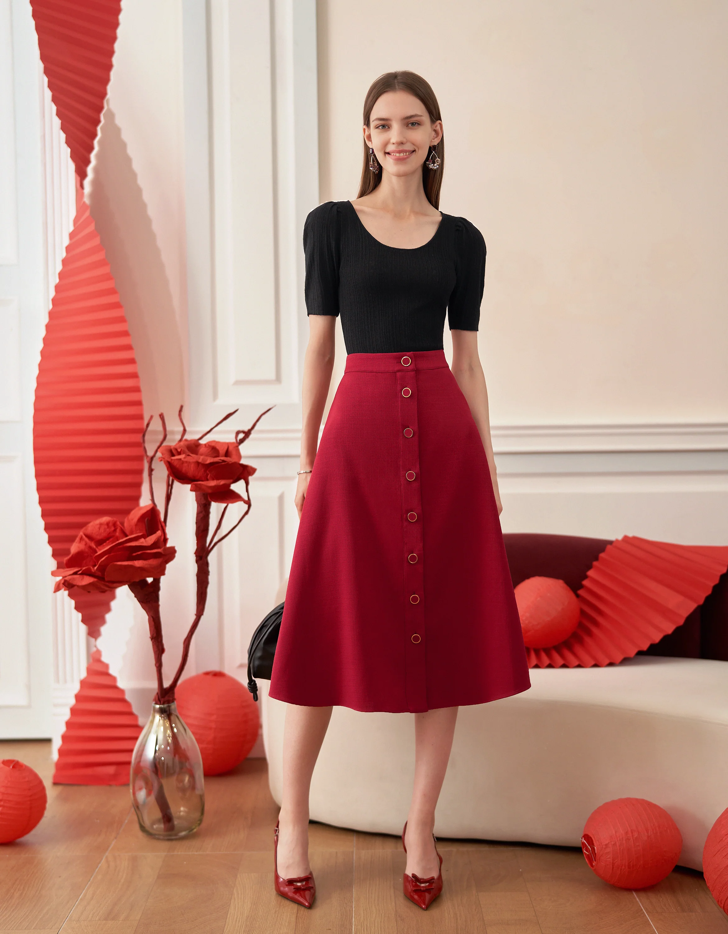 Button Front A-line Midi Skirt - Image 10