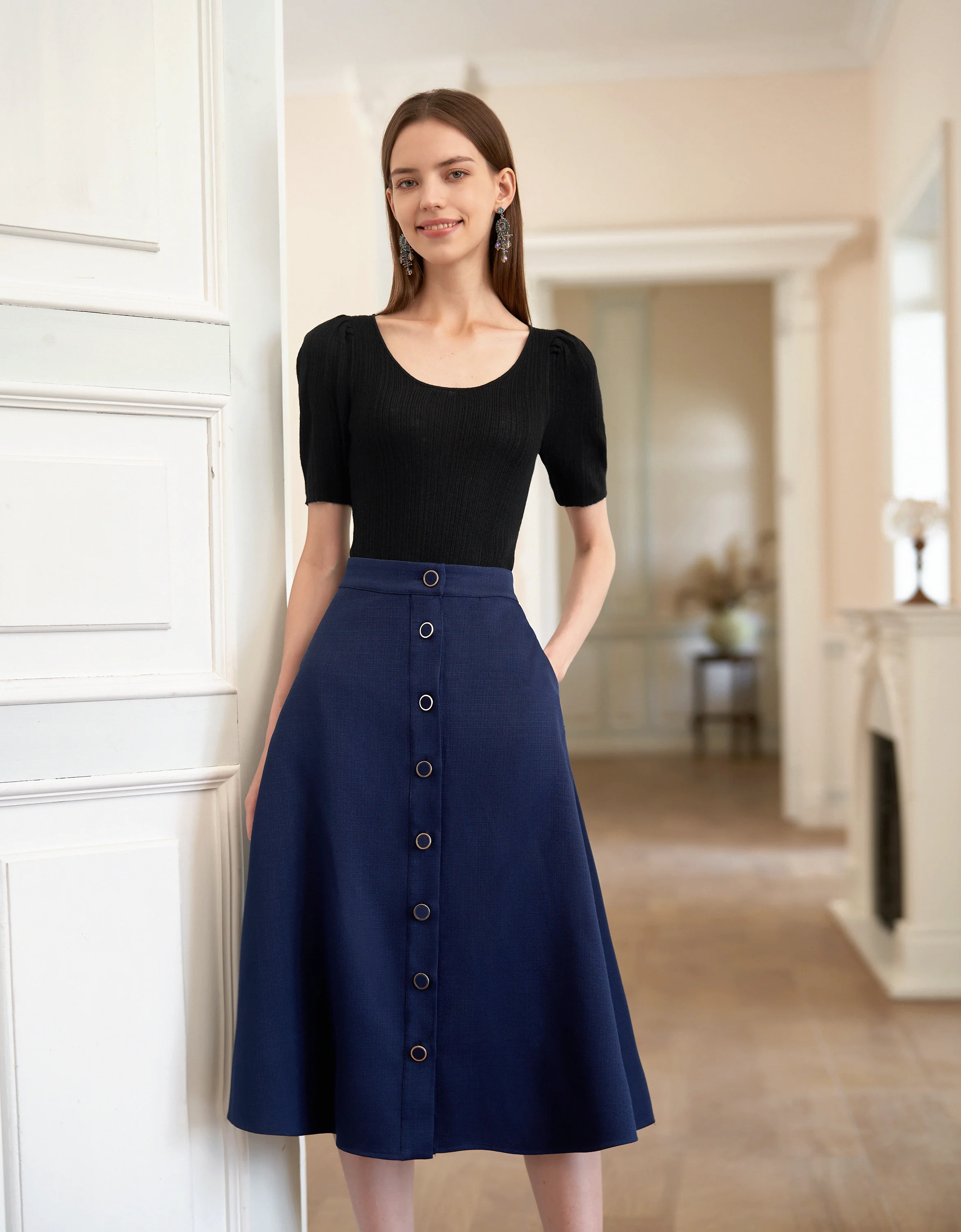 Button Front A-line Midi Skirt - Image 17