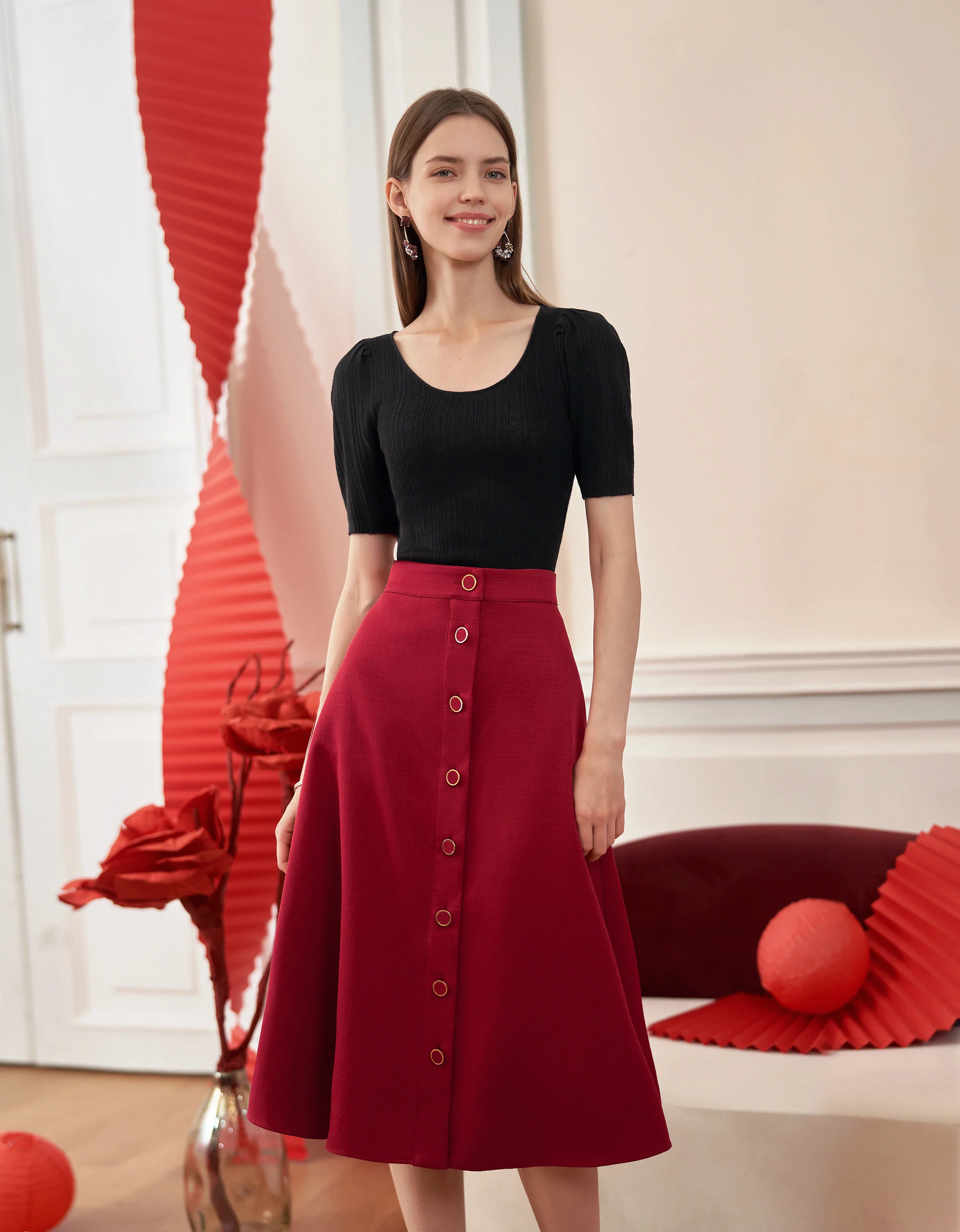 Button Front A-line Midi Skirt - Image 9