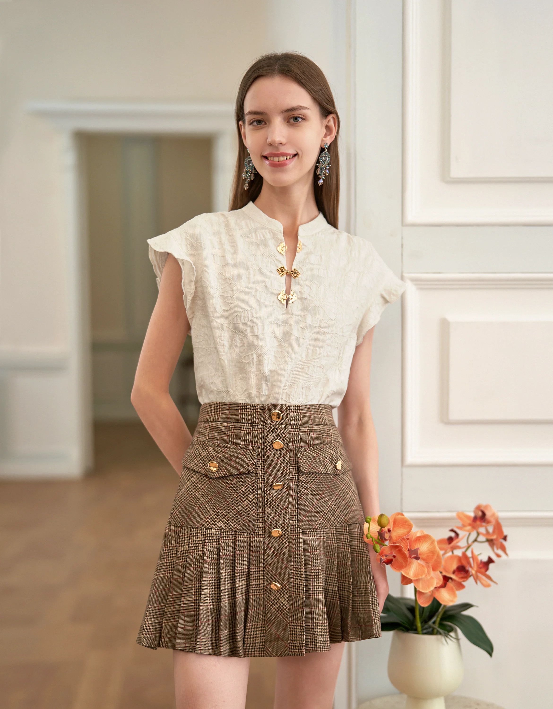 Button Front Checkered Pleated Skirt - Image 2