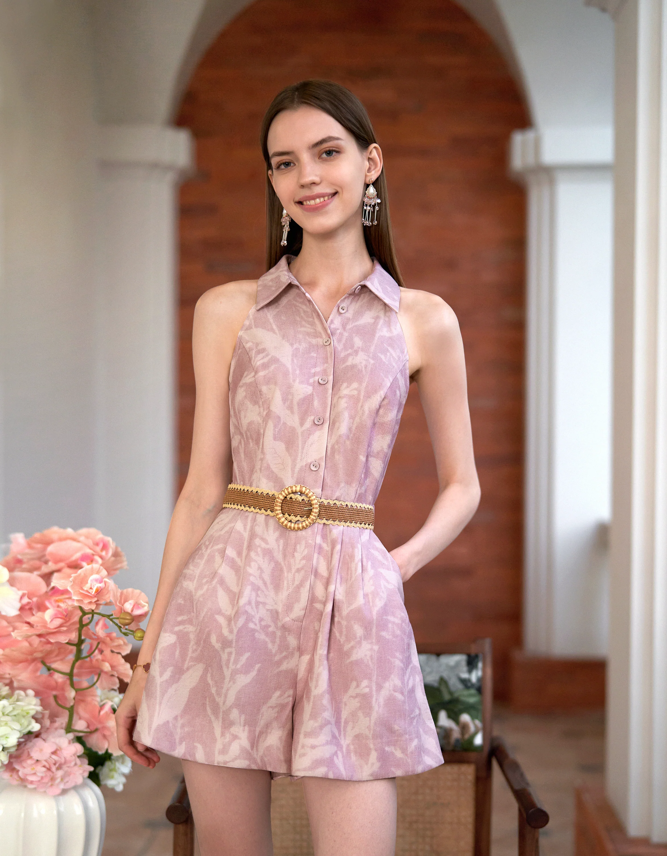 Button Front Flare Hem Romper
