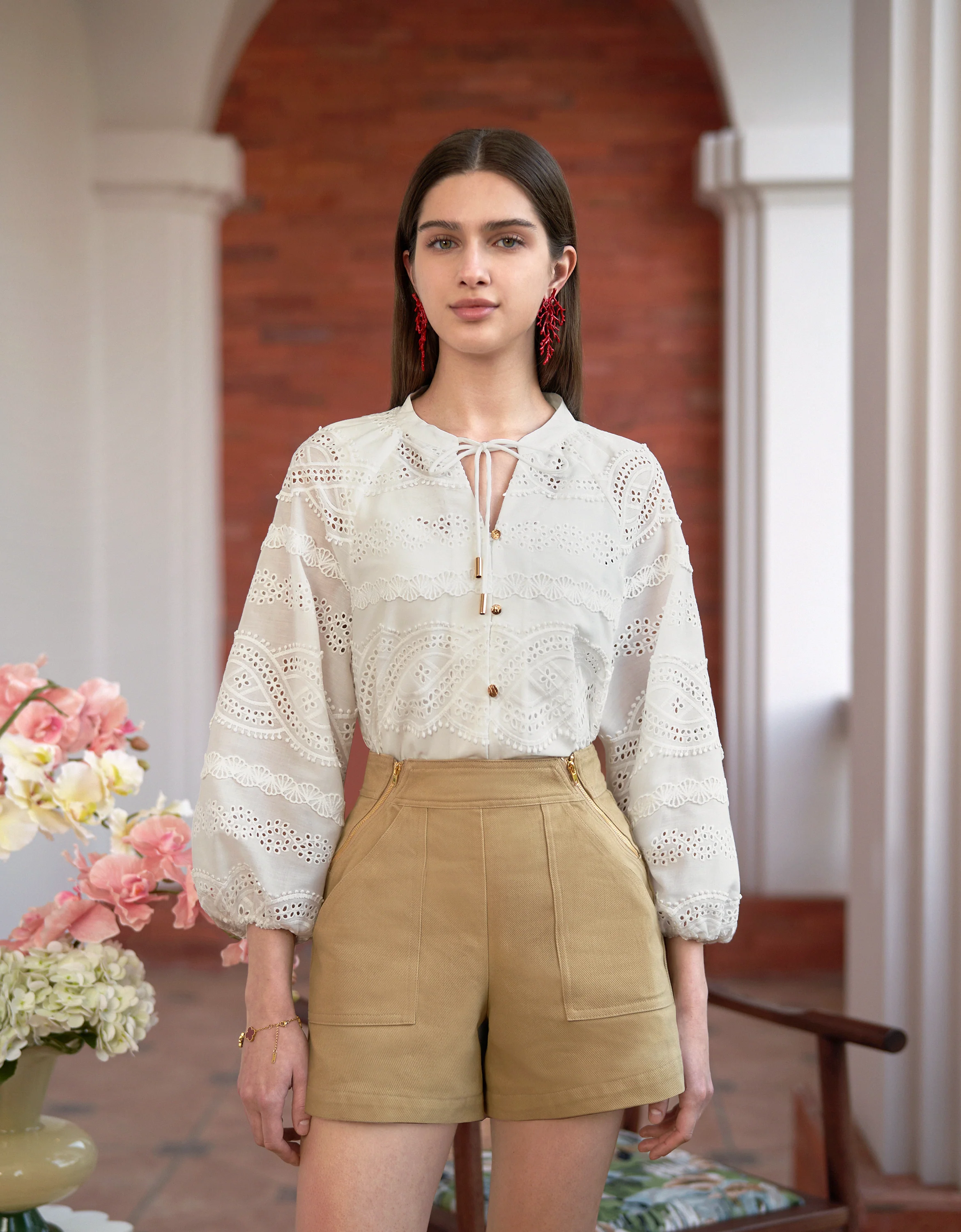 Button Front Neck Tie Long Sleeve Embroidered Top