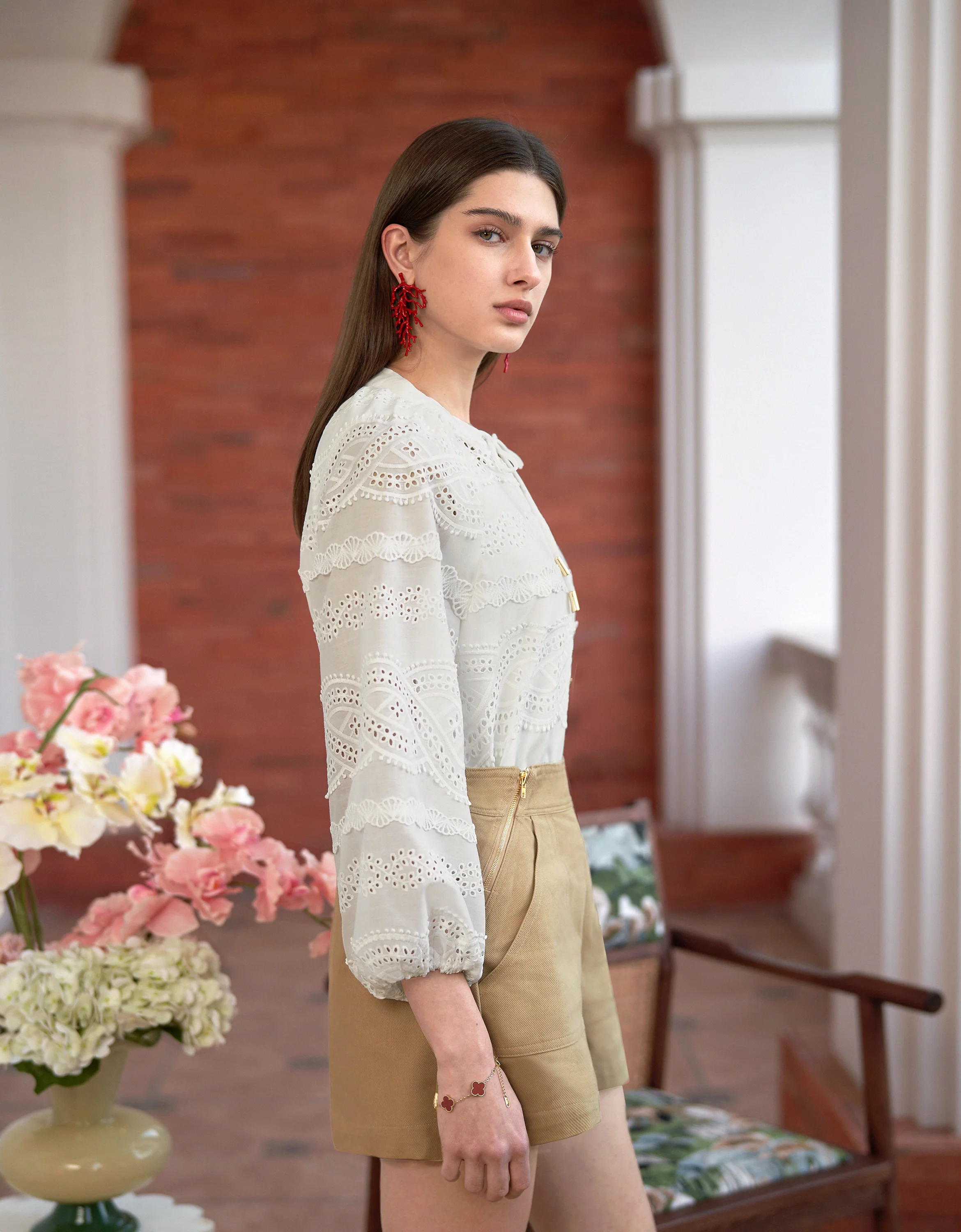 Button Front Neck Tie Long Sleeve Embroidered Top - Image 3