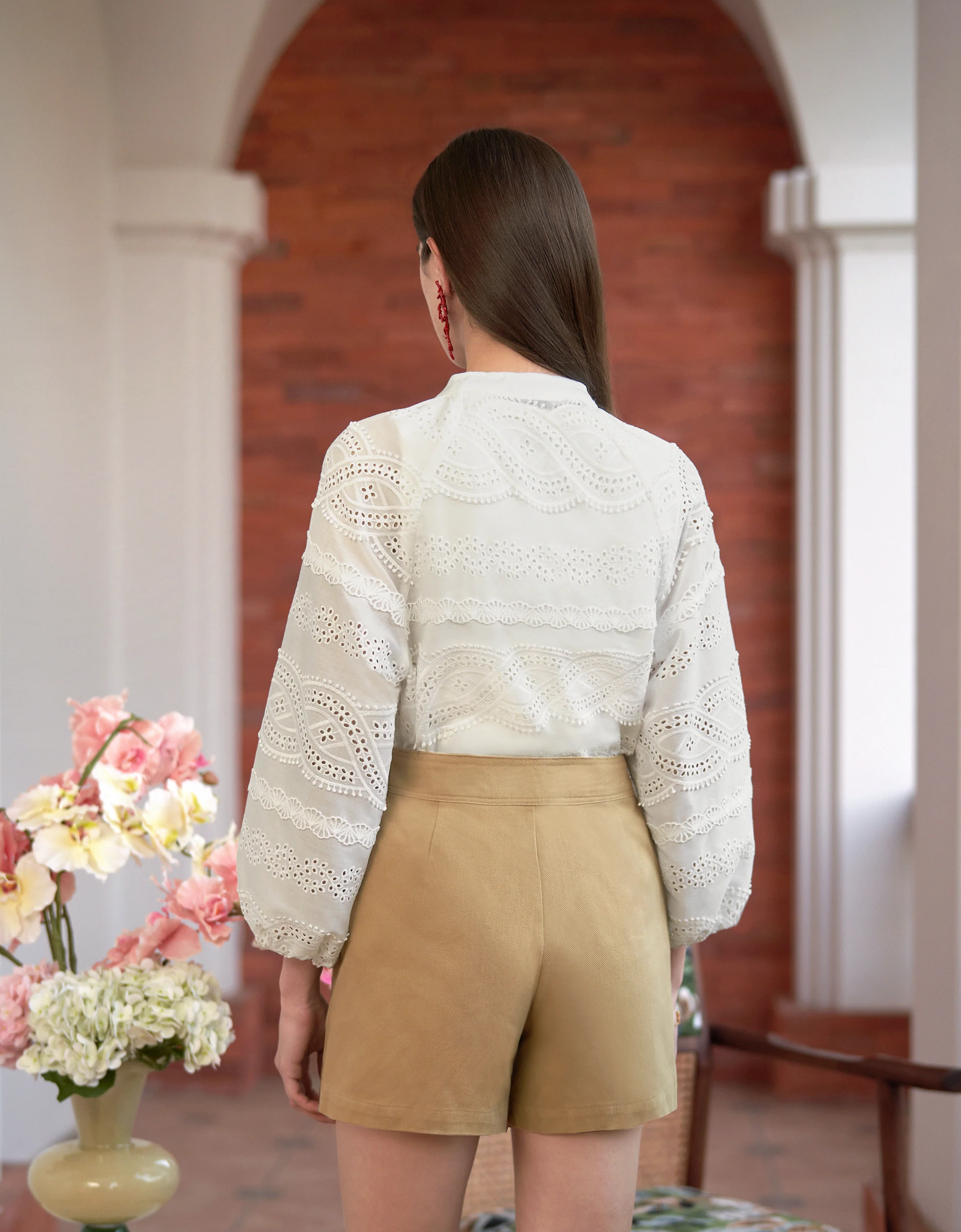 Button Front Neck Tie Long Sleeve Embroidered Top - Image 4