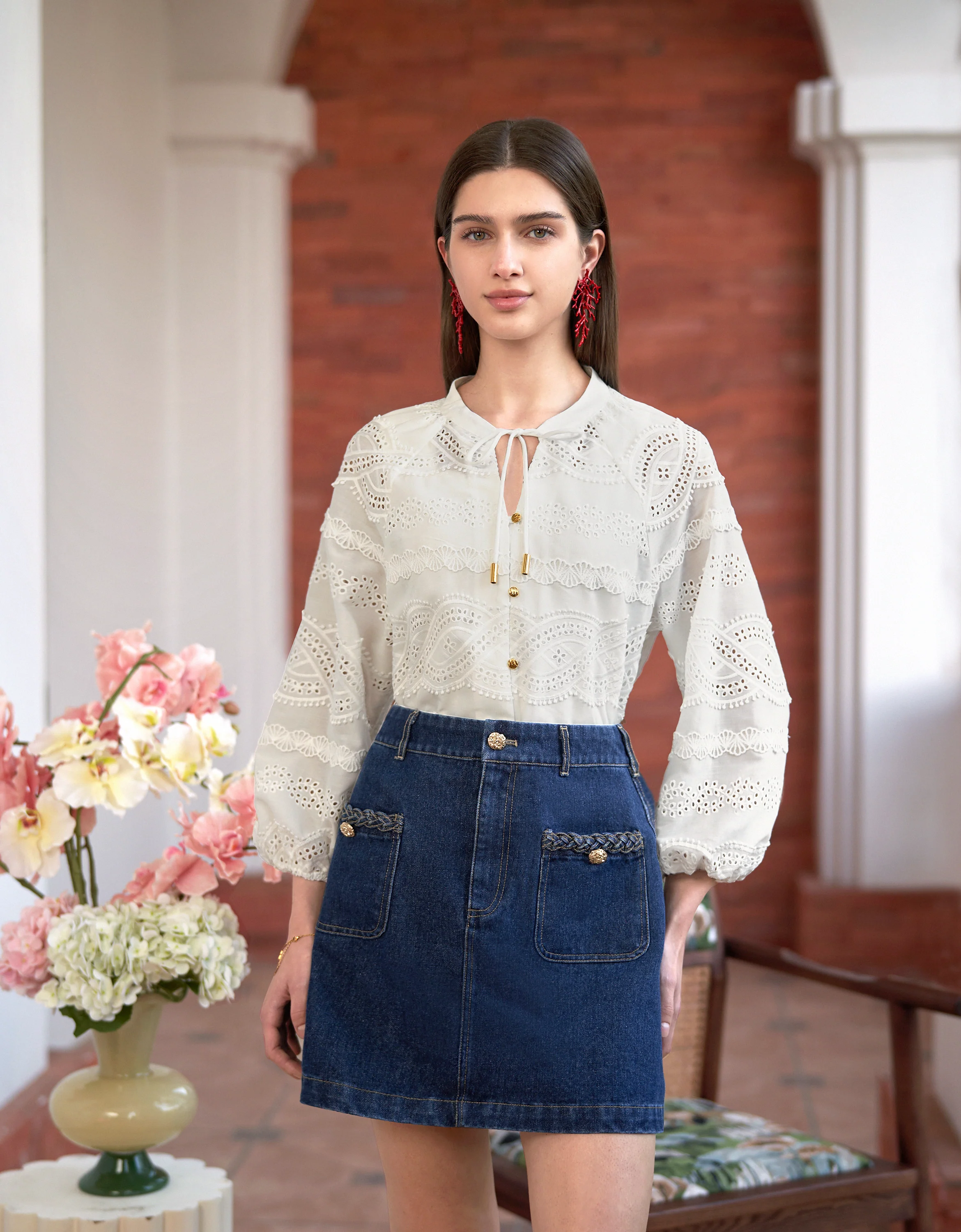 Button Front Neck Tie Long Sleeve Embroidered Top - Image 6