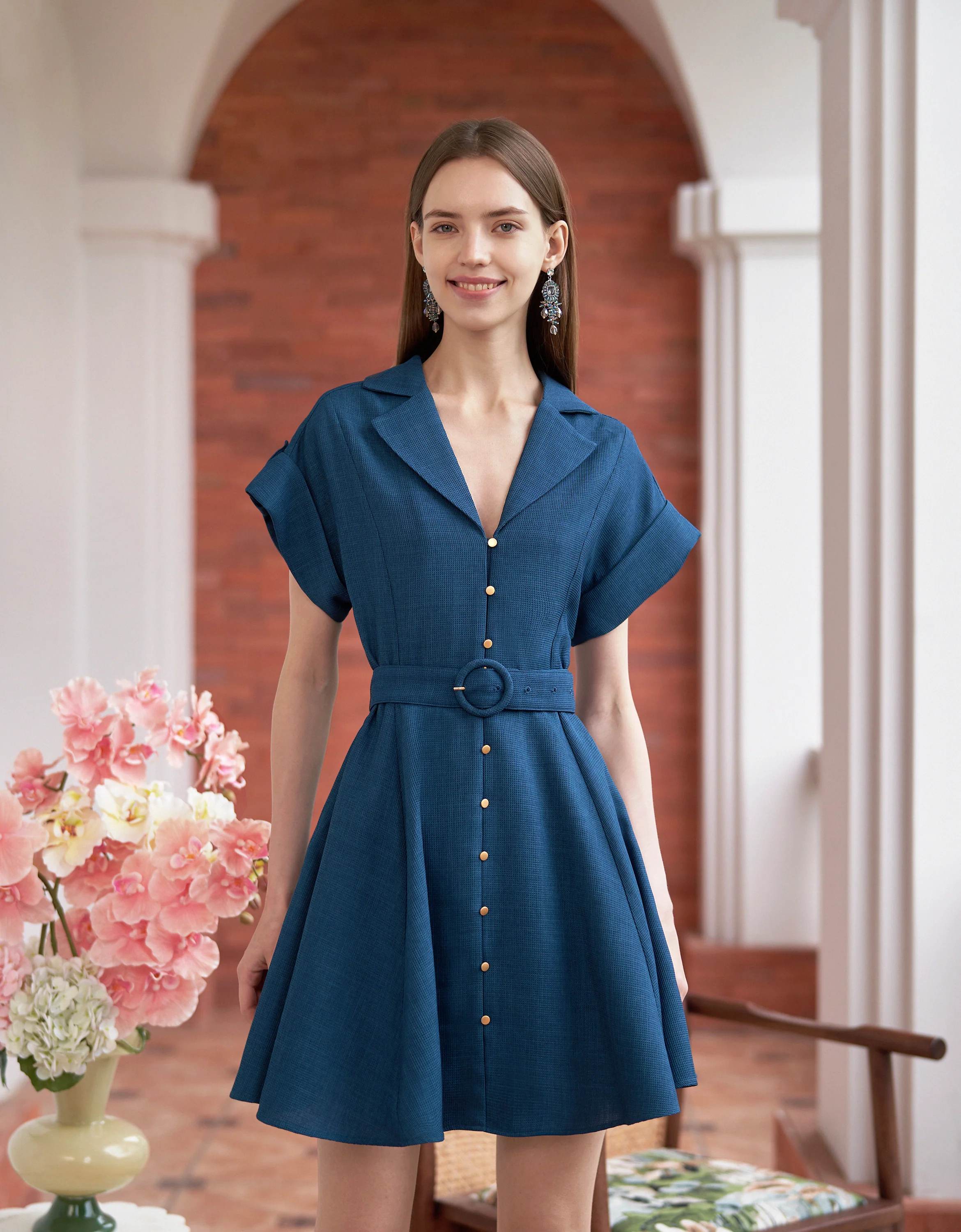 Button Front Notched Lapel Suit Dress
