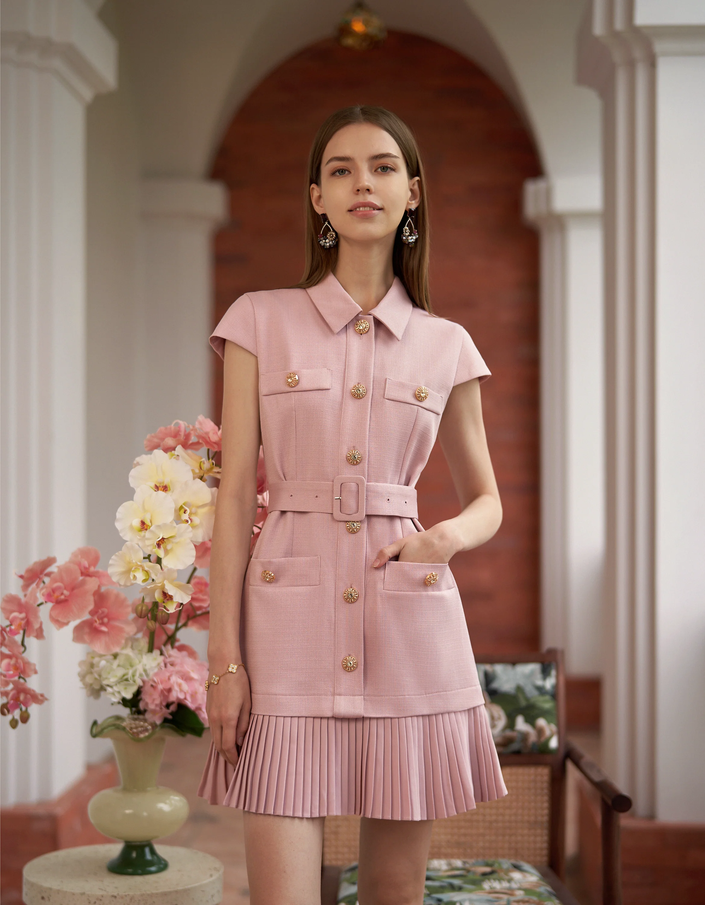 Button Front Pleated Hem Cap Sleeve Dress