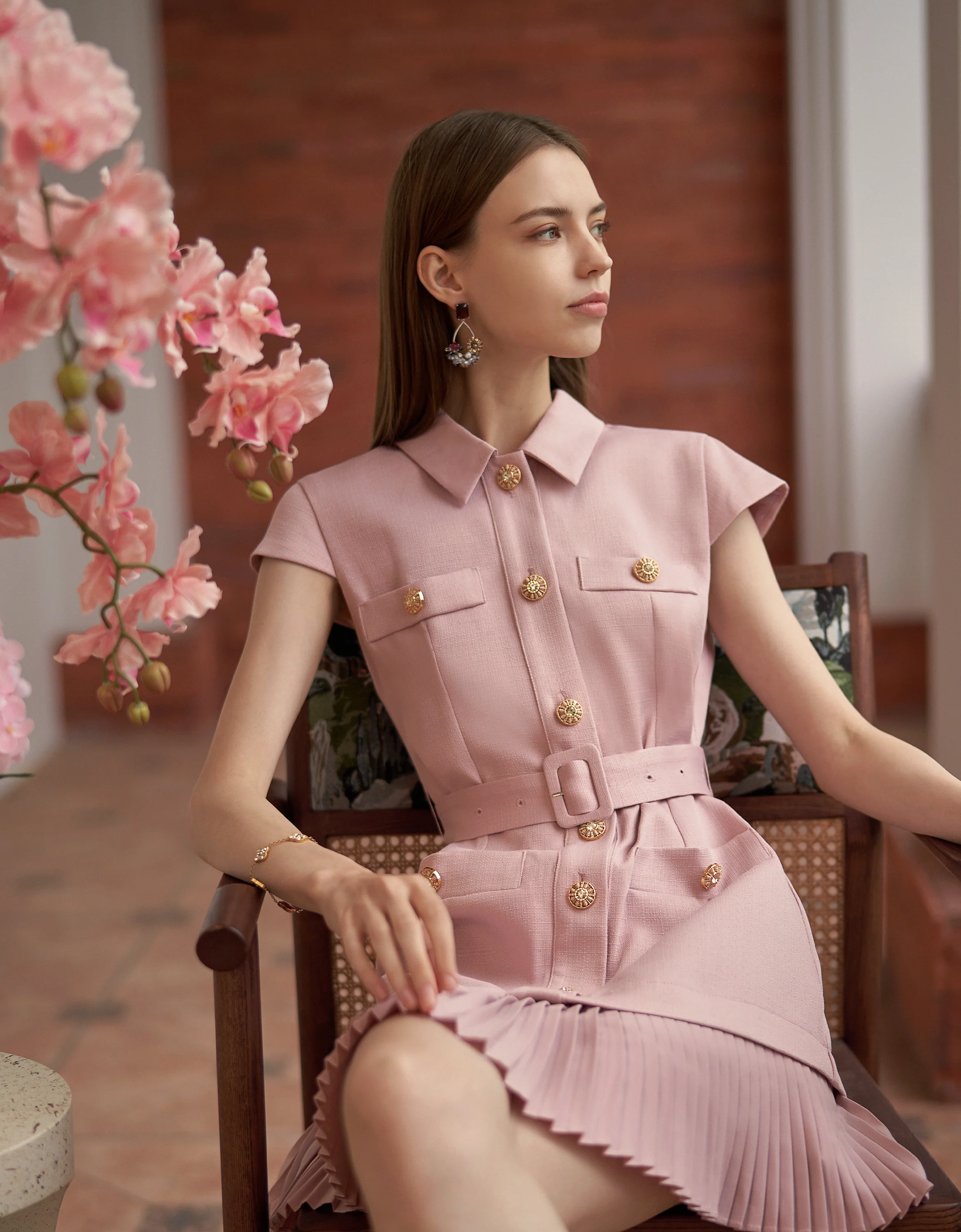 Button Front Pleated Hem Cap Sleeve Dress - Image 2