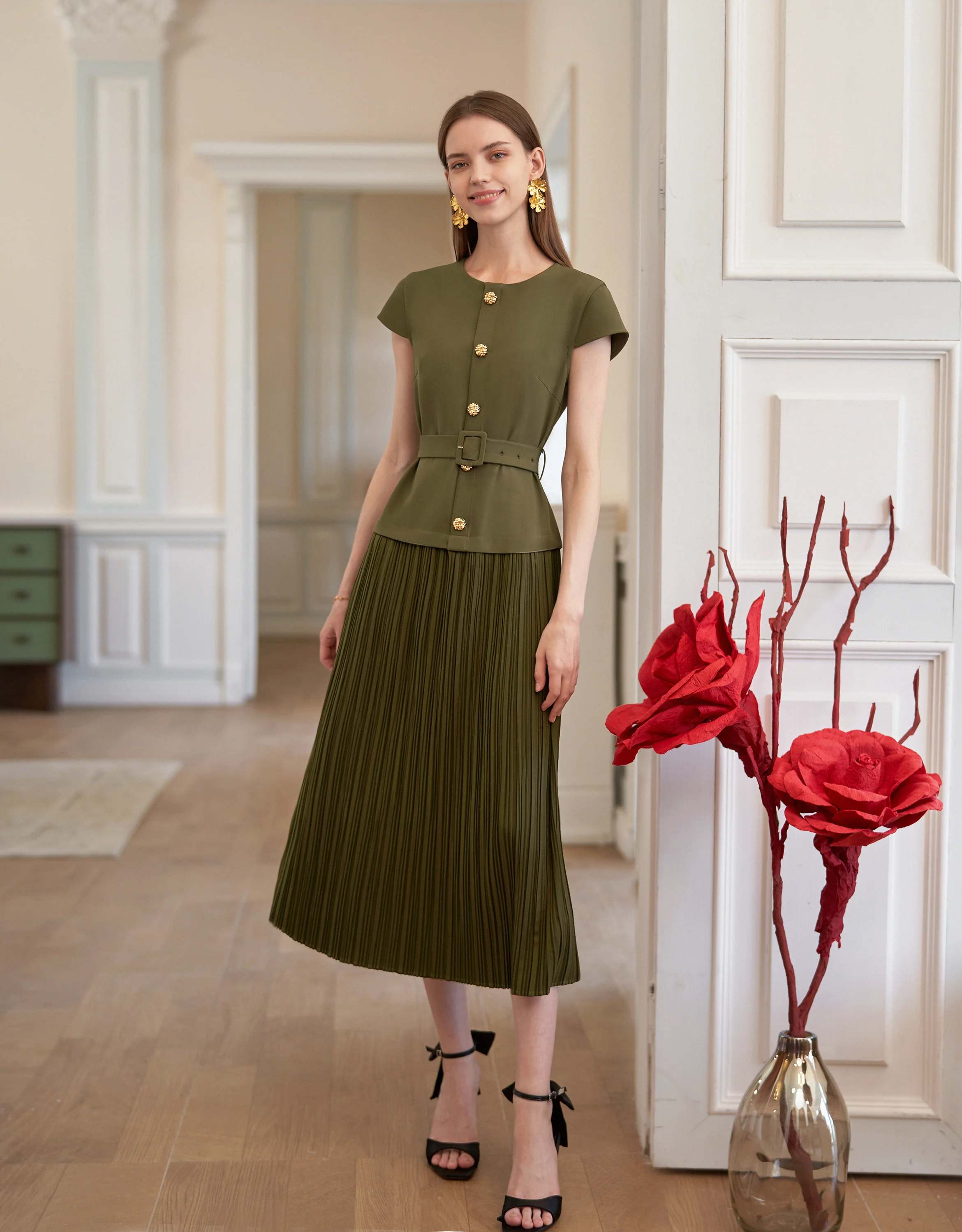 Button Front Pleated Skirt Cap Sleeve Dress