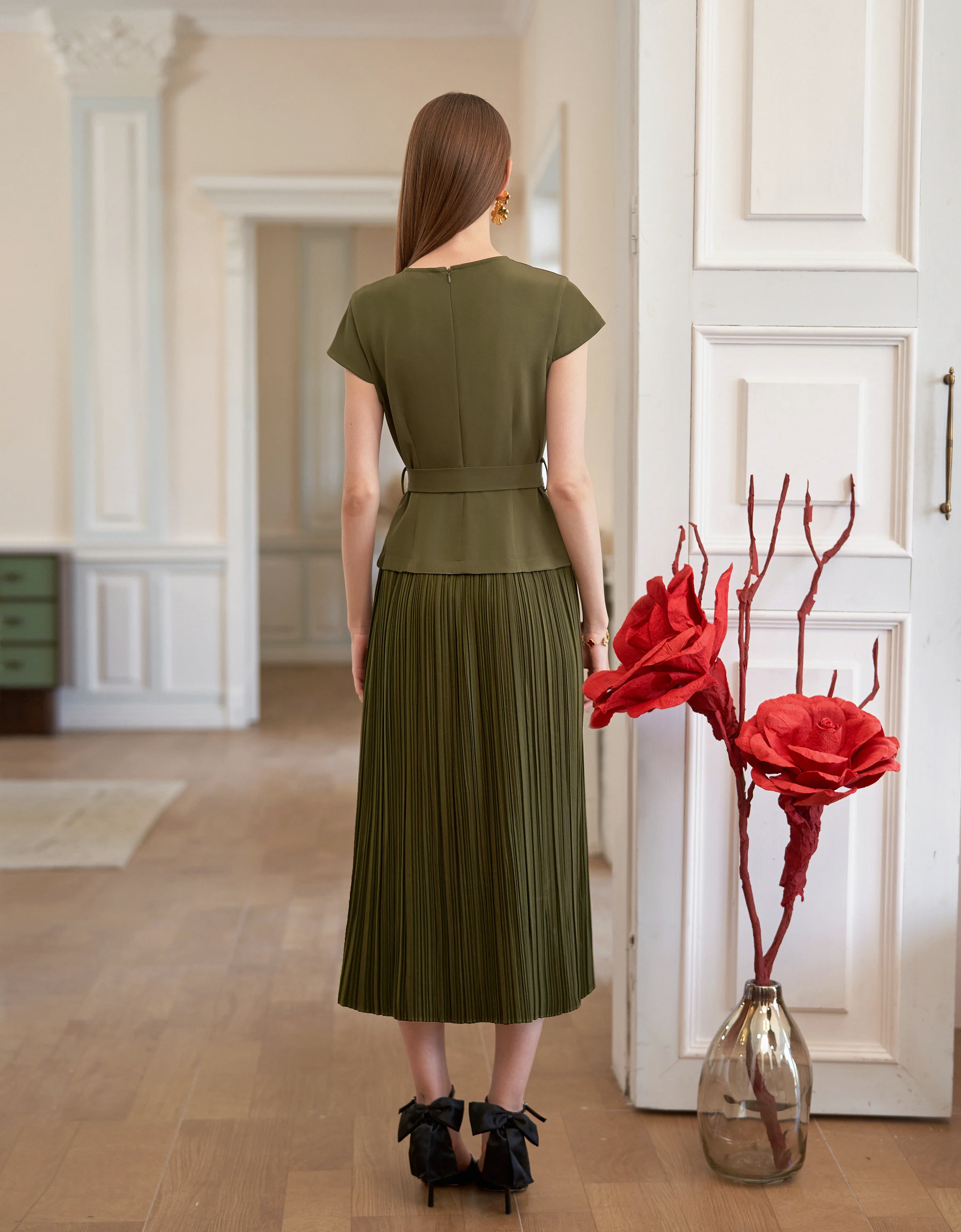 Button Front Pleated Skirt Cap Sleeve Dress - Image 3