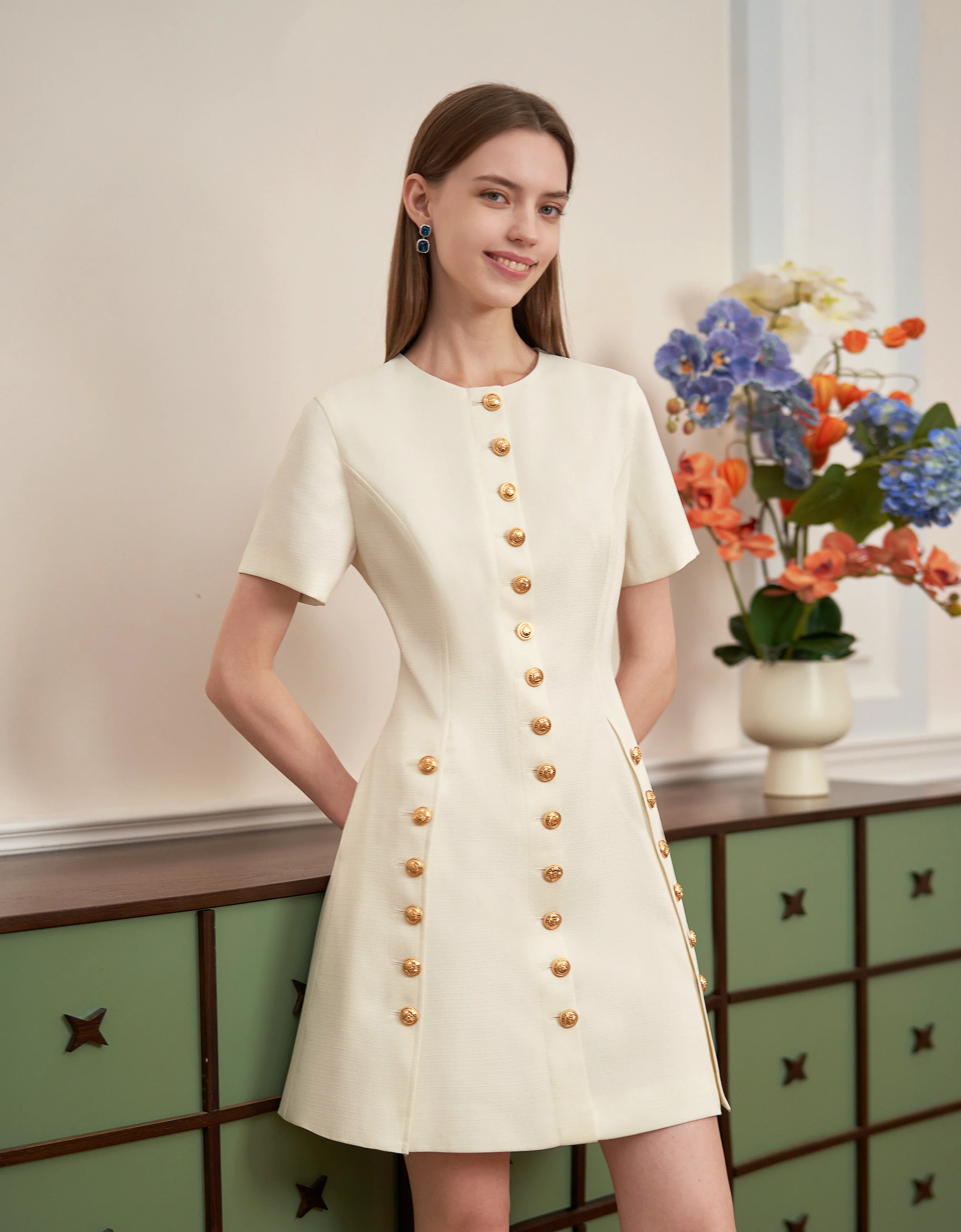 Button Front Round Neck A-line Dress