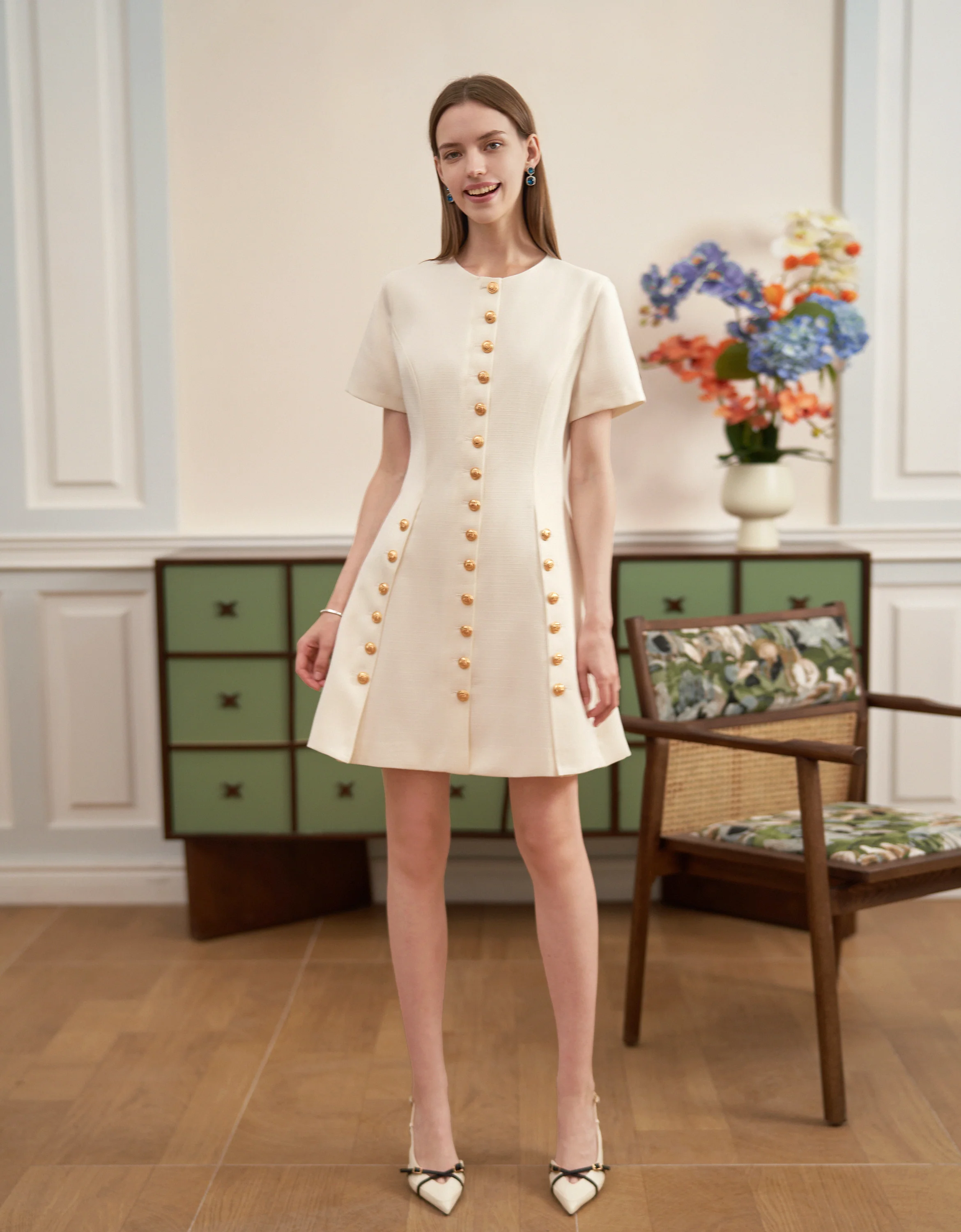 Button Front Round Neck A-line Dress - Image 3