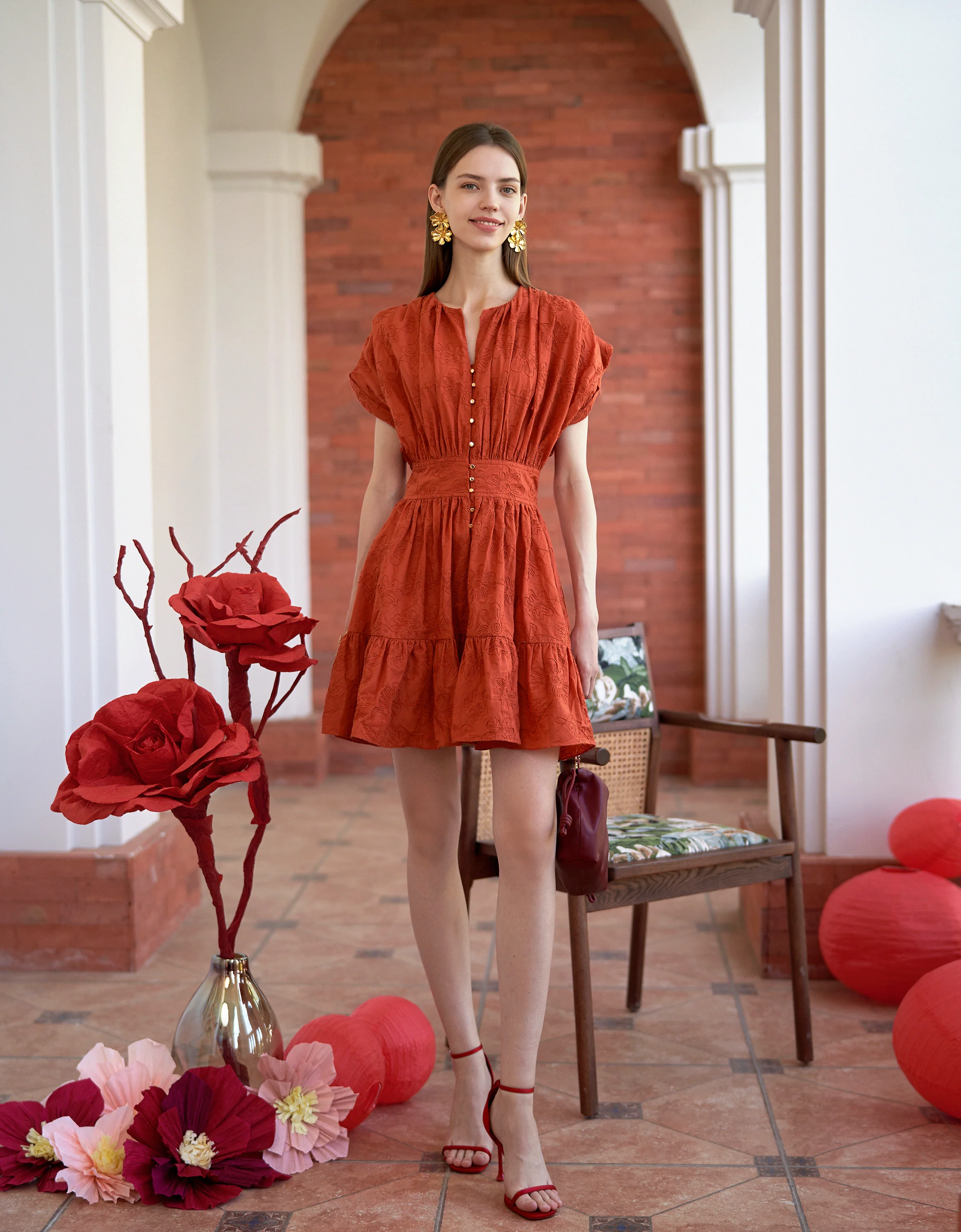 Button Front Ruffled Hem Pleated Dress - Image 11