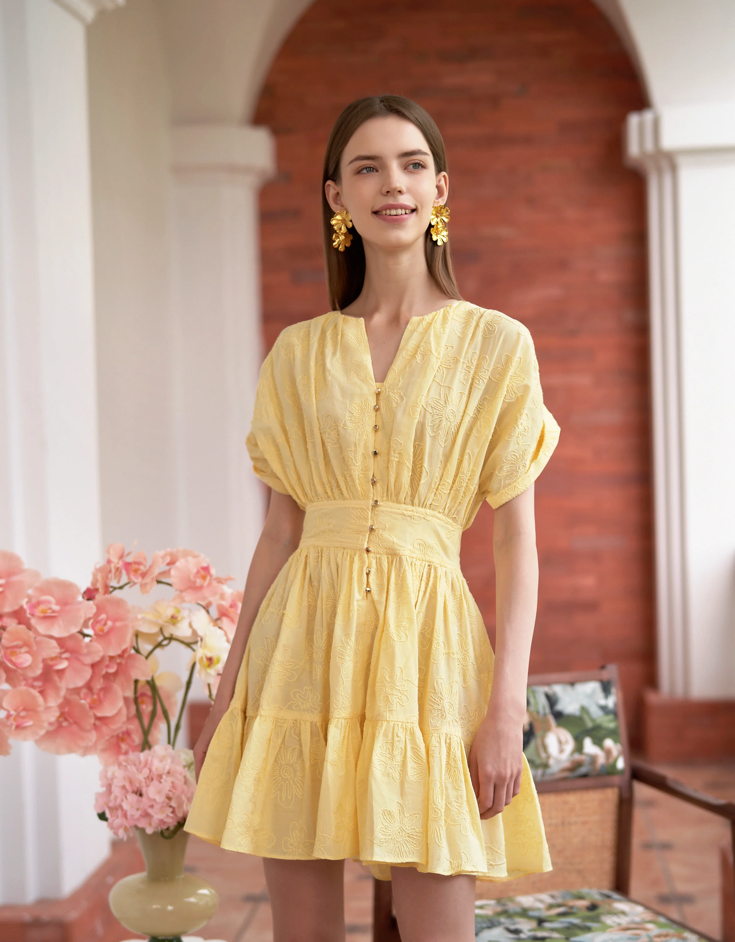 Button Front Ruffled Hem Pleated Dress - Image 18