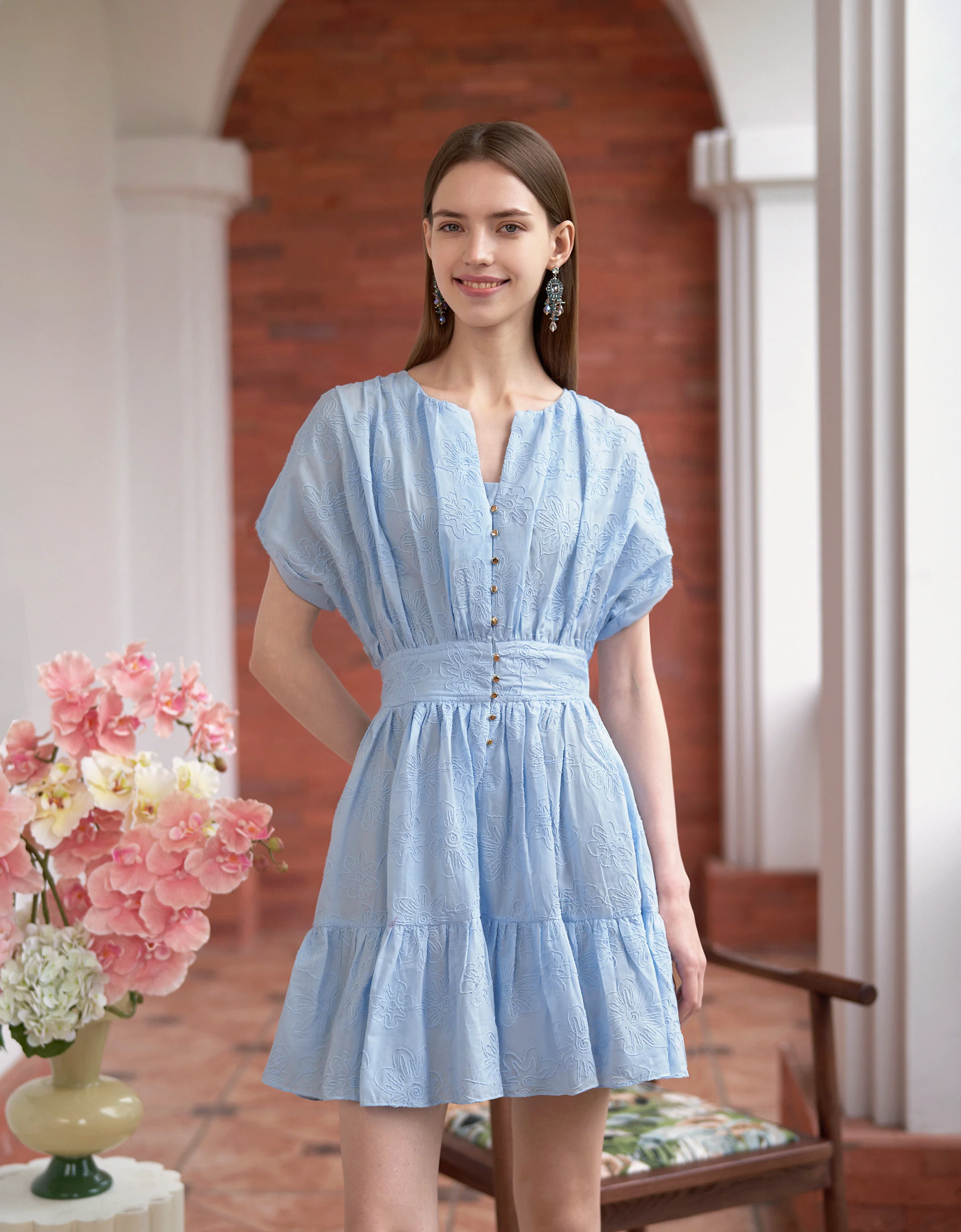 Button Front Ruffled Hem Pleated Dress - Image 2