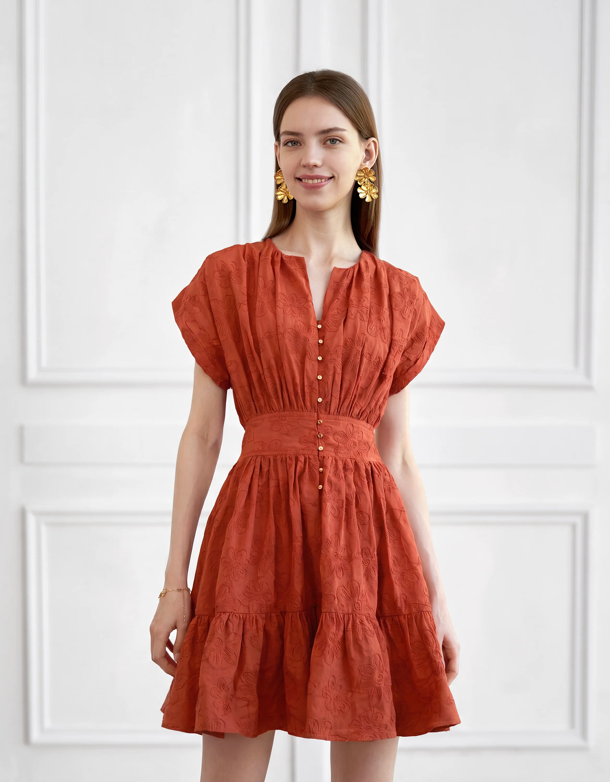 Button Front Ruffled Hem Pleated Dress - Image 9
