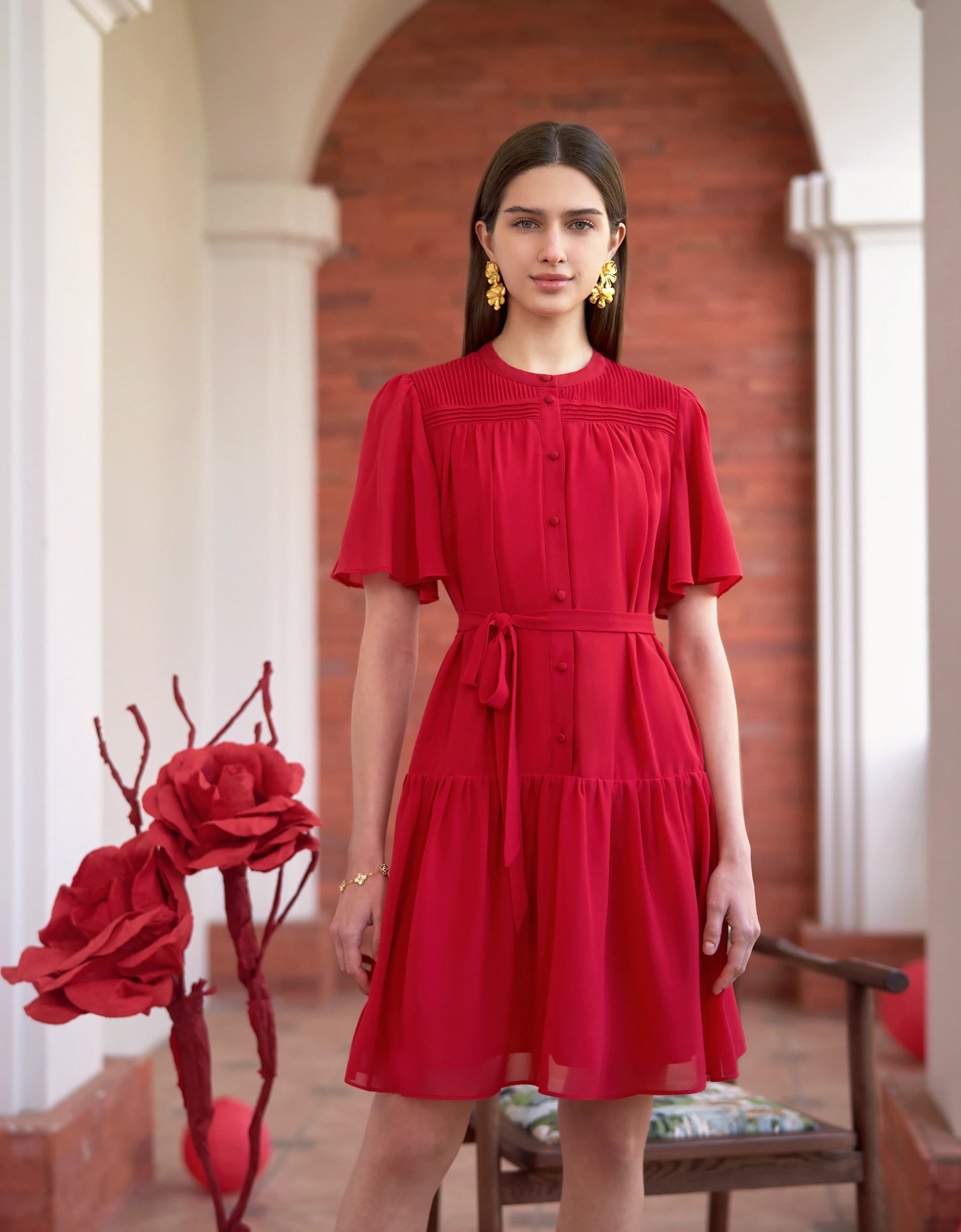 Button Front Ruffled Sleeves Round Neck Dress - Image 3