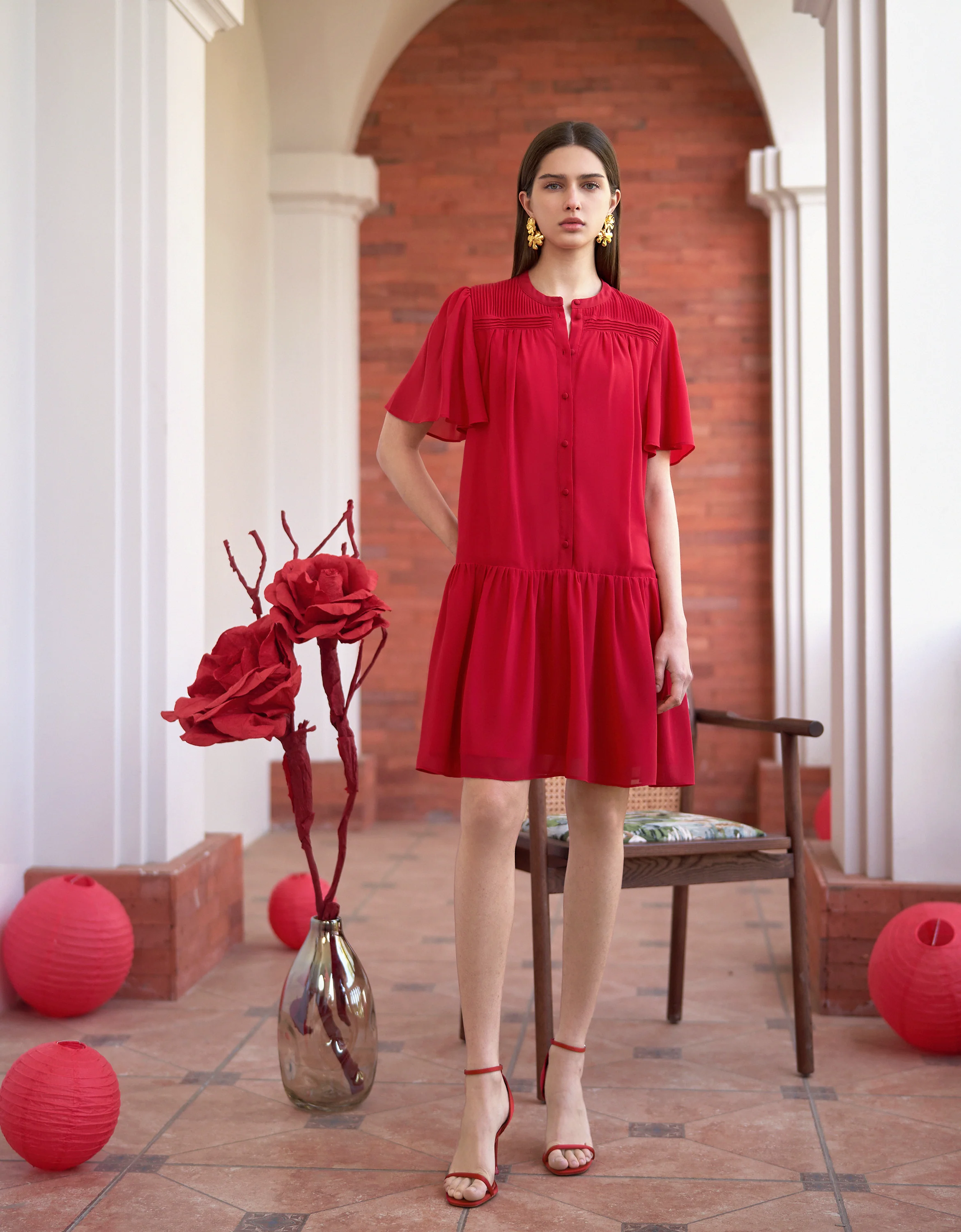 Button Front Ruffled Sleeves Round Neck Dress - Image 6