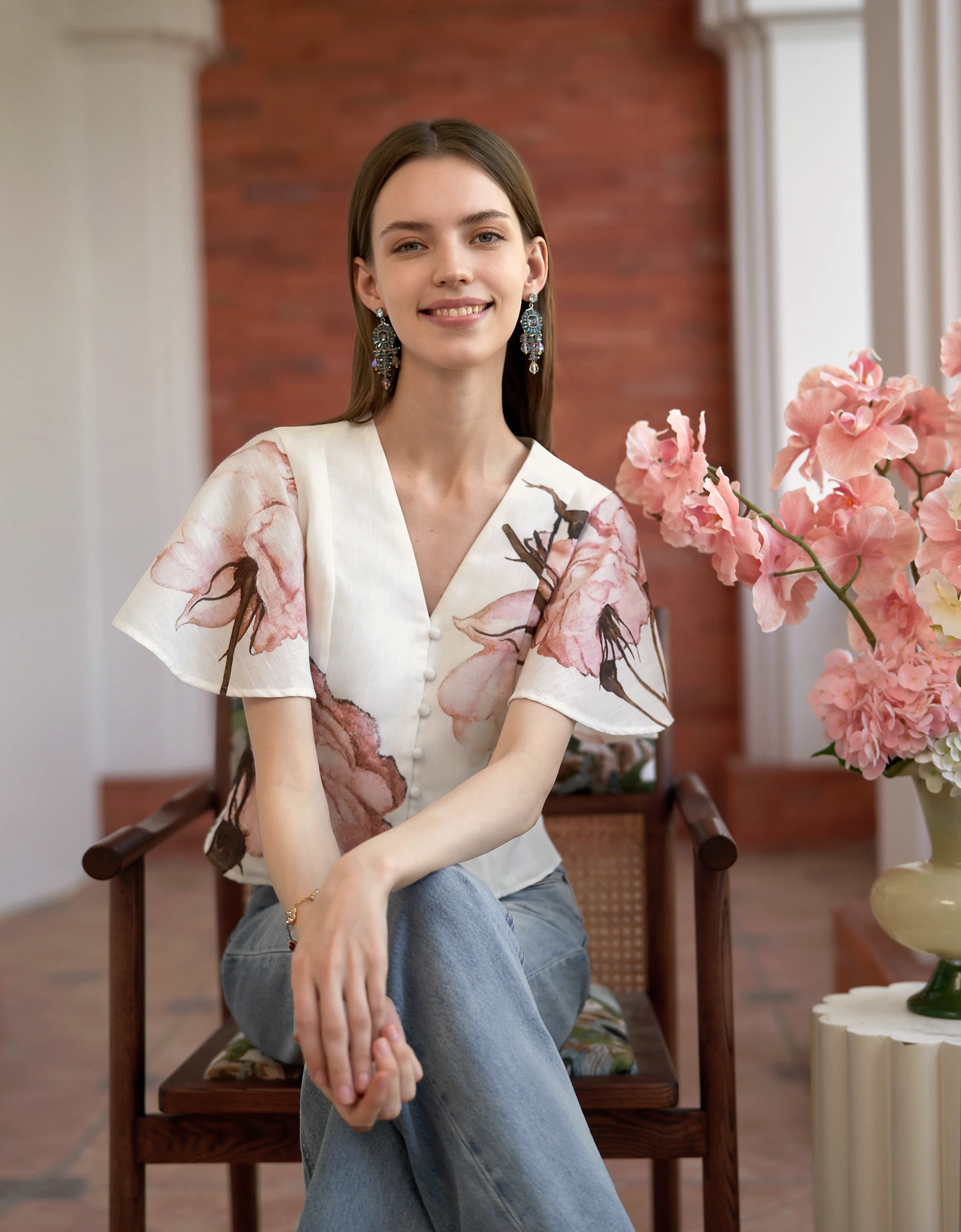 Button Front Ruffled Sleeves V-neck Top - Image 7