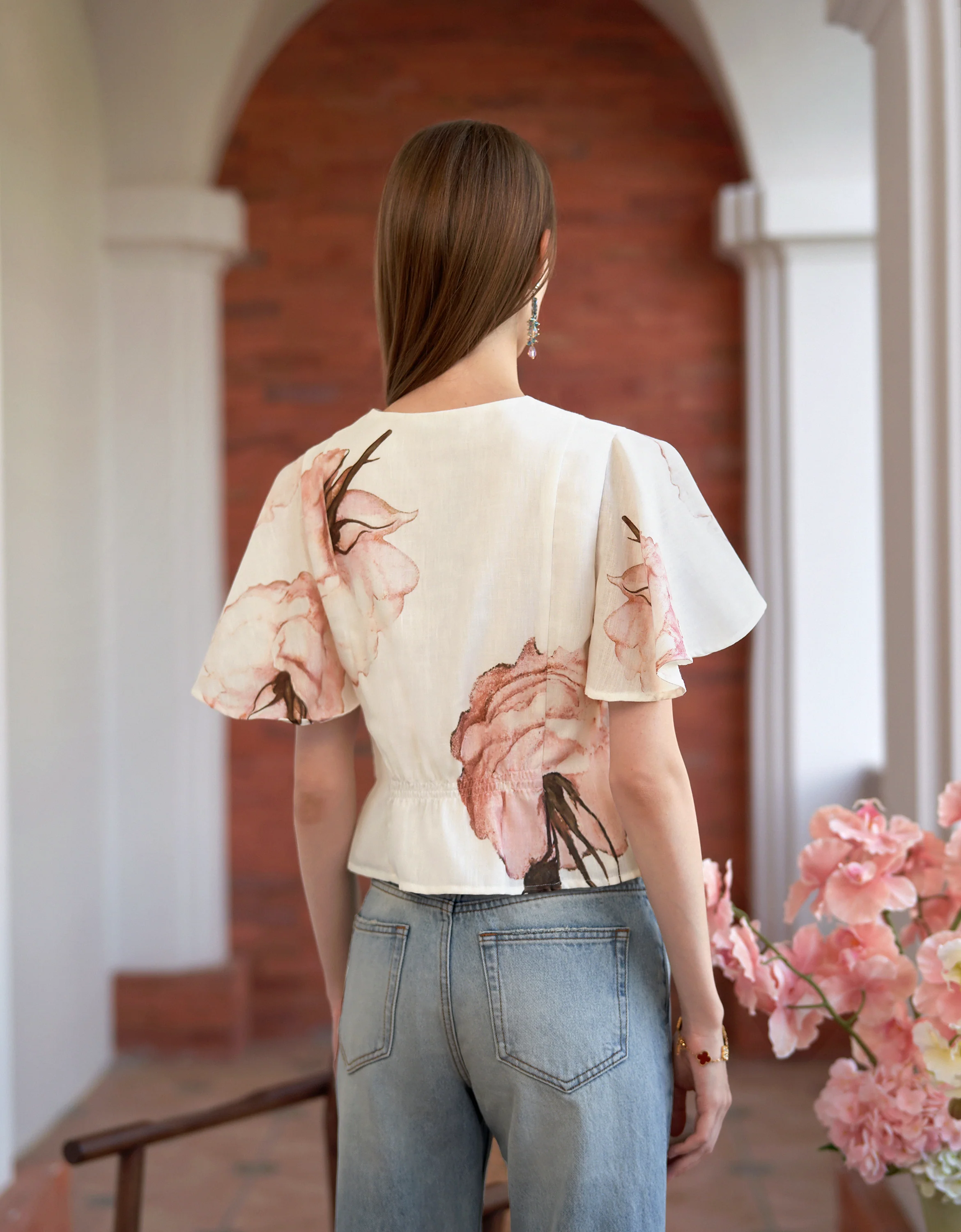 Button Front Ruffled Sleeves V-neck Top - Image 8