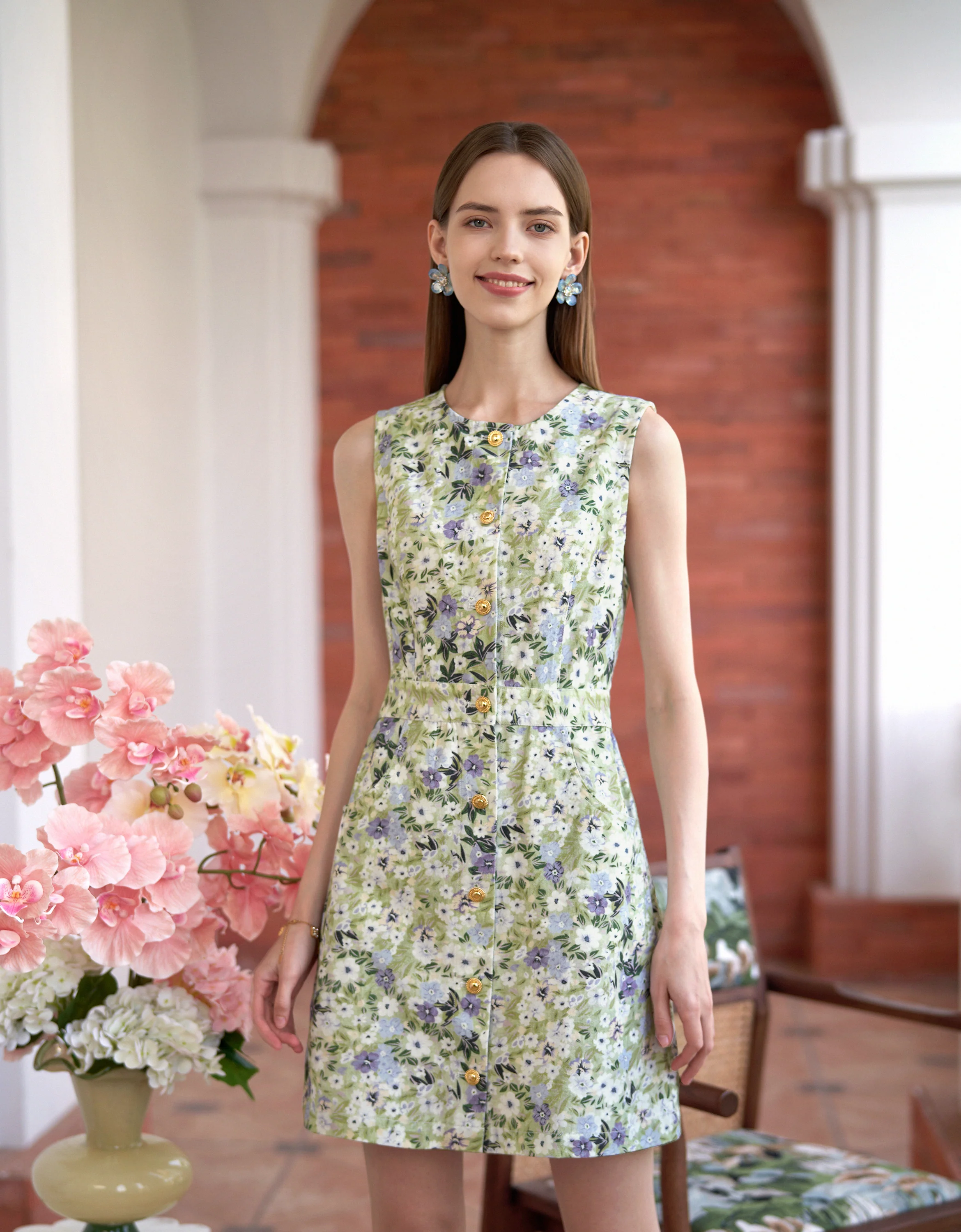 Button Front Sleeveless Floral Dress - Image 6
