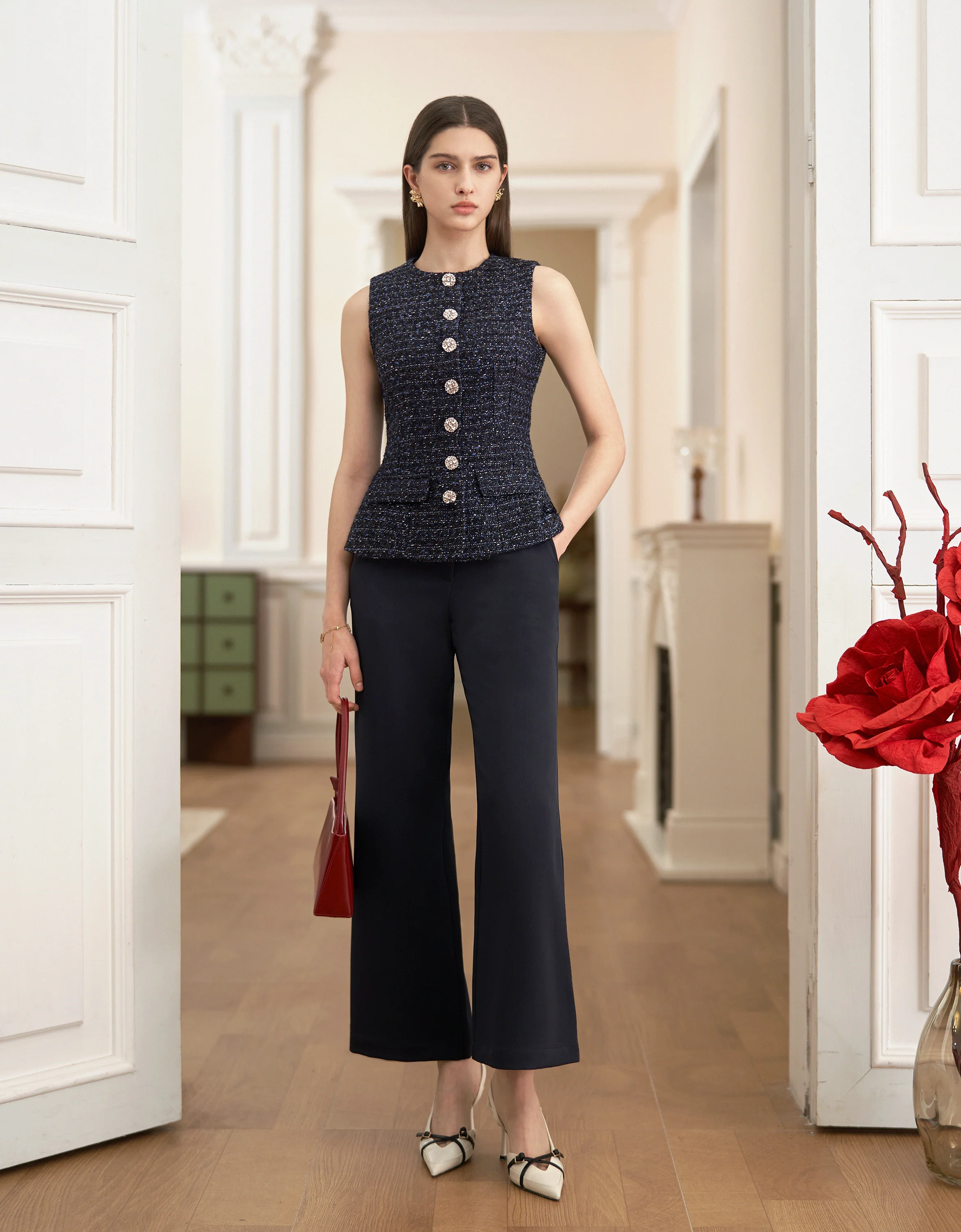 Button Front Sleeveless Tweed Vest