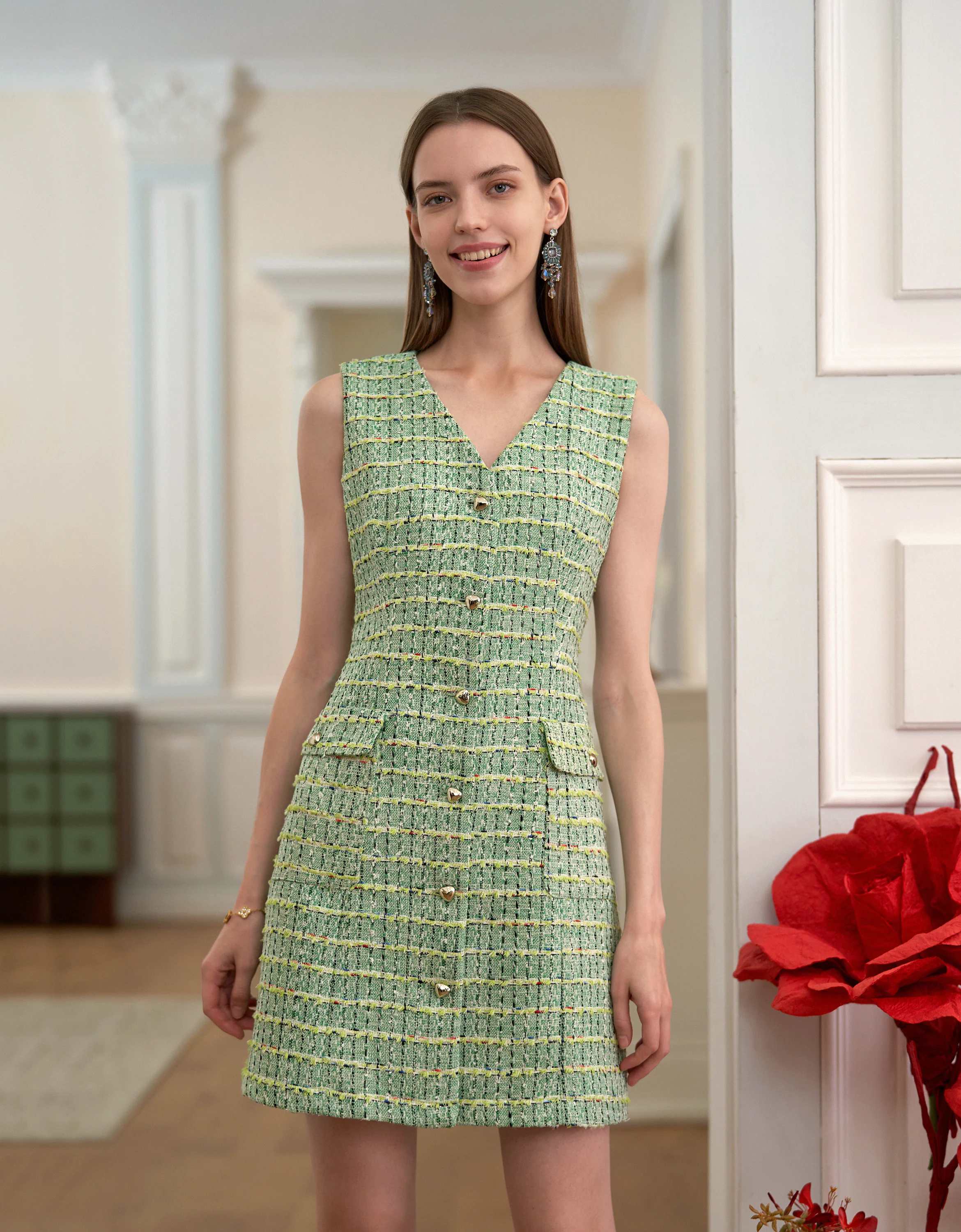 Button Front V-neck Sleeveless Tweed Dress