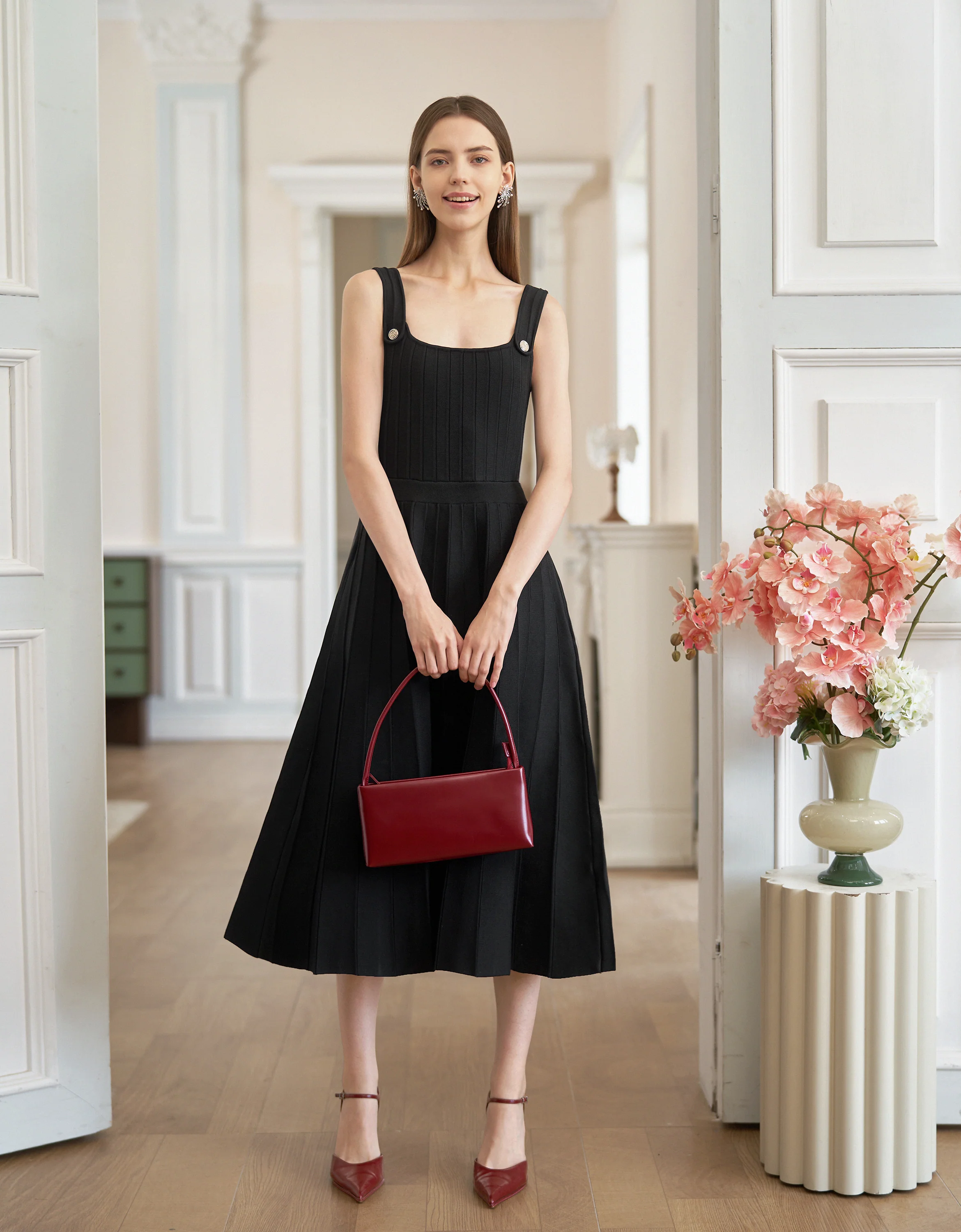 Buttoned Straps Slim Fit Midi Knit Dress - Image 2