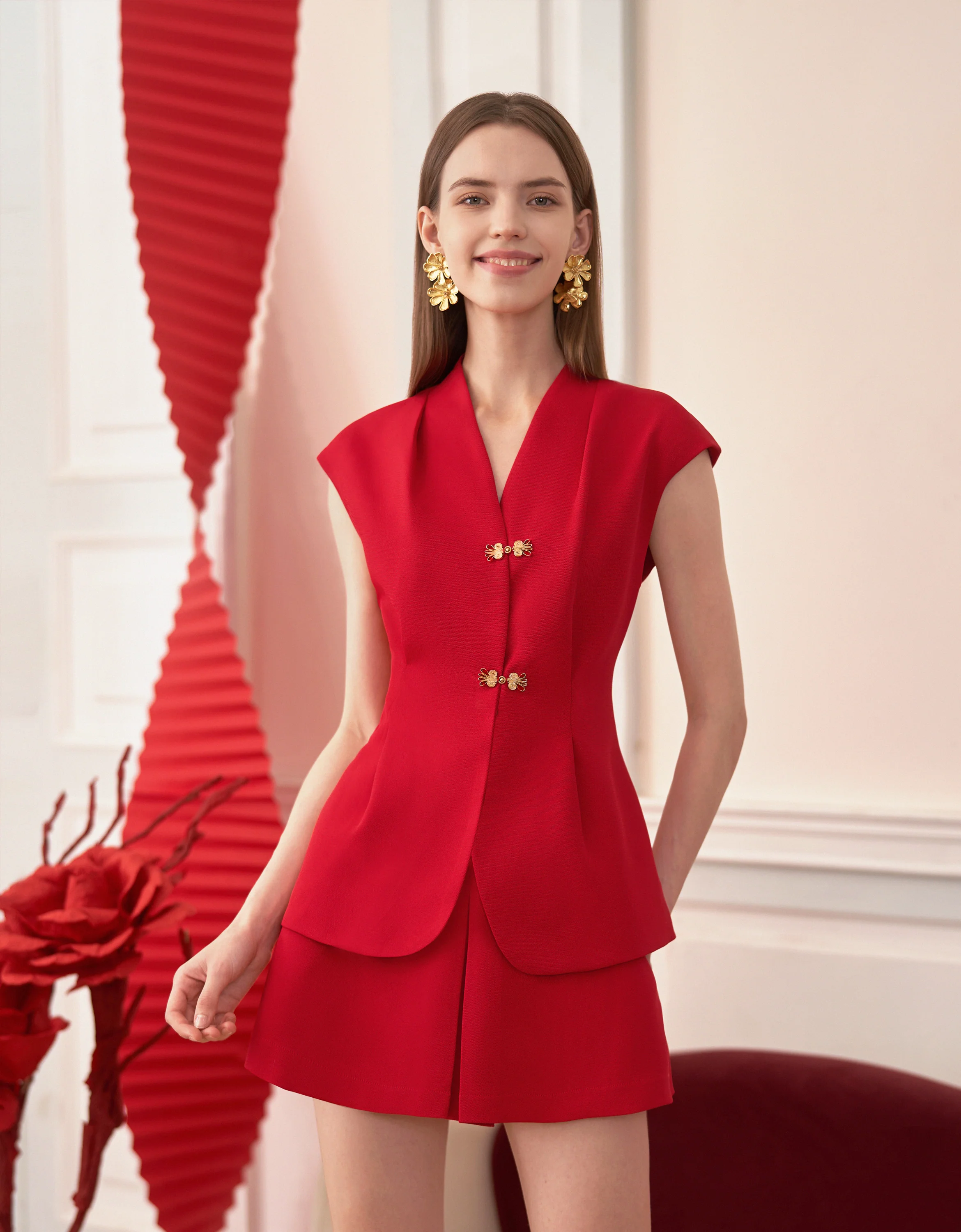 Chinese-style Button Front V-neck Top