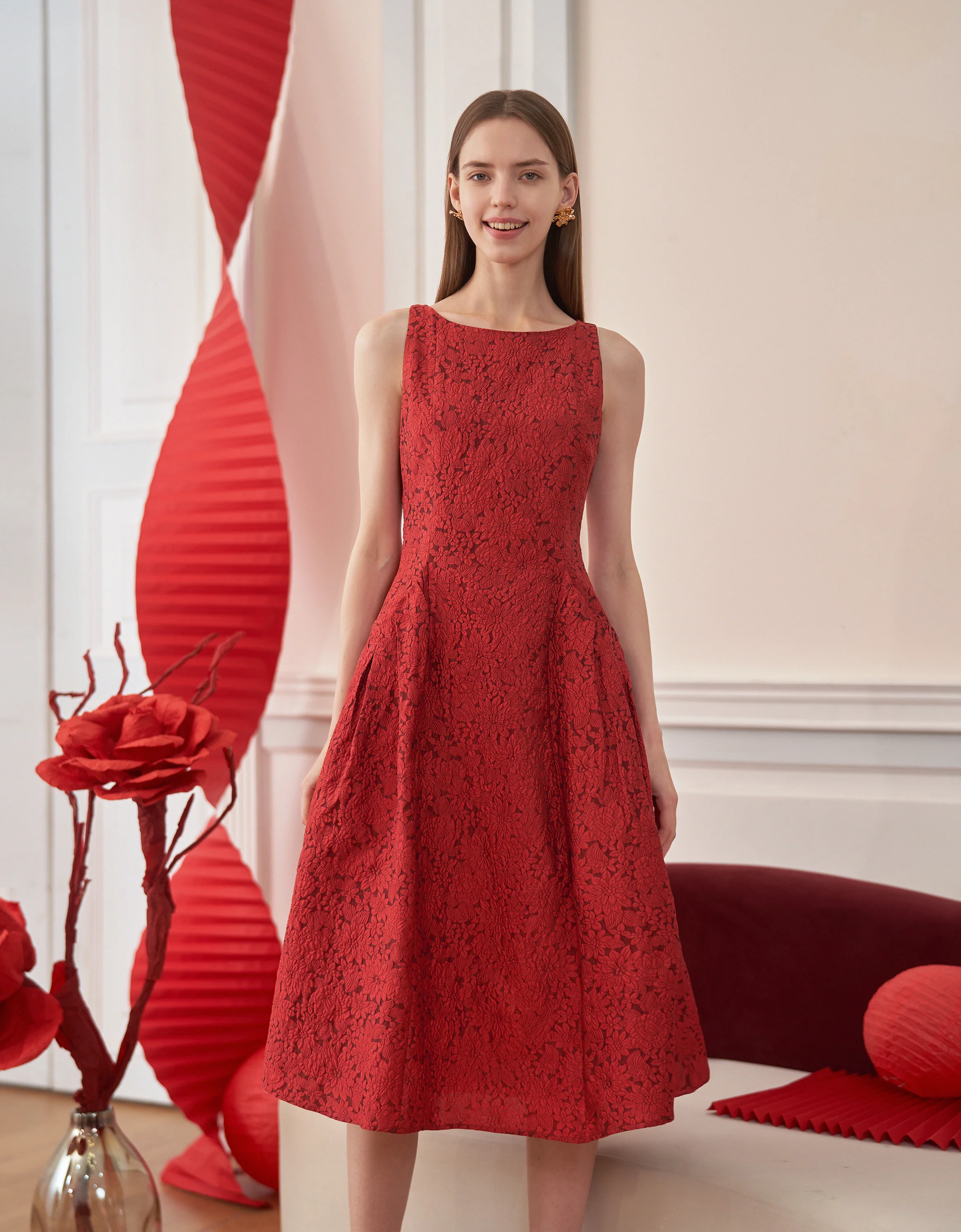 Cinched Waist Sleeveless Jacquard Dress - Image 2