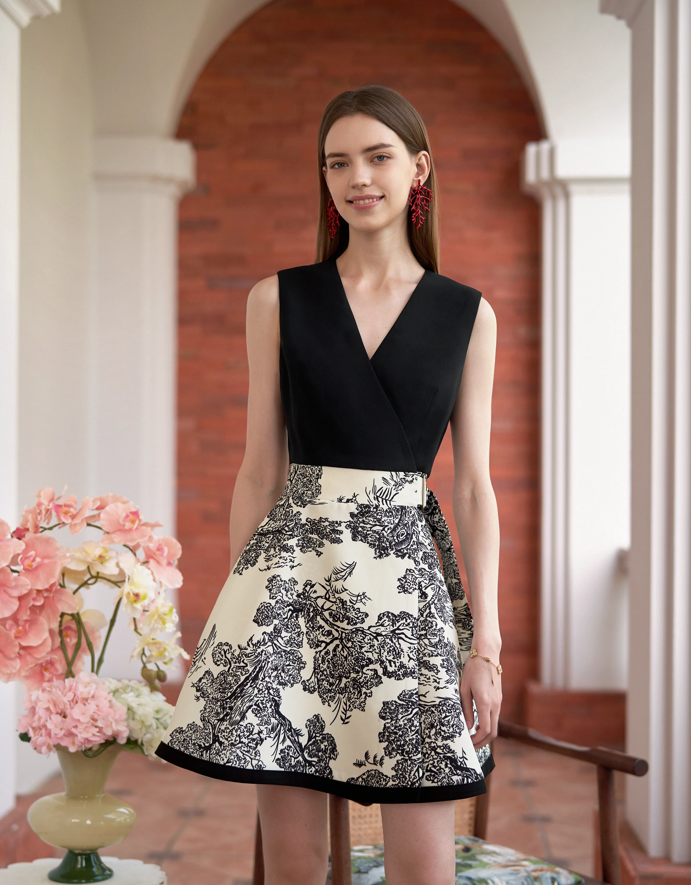 Colorblock Printed Skirt Sleeveless Dress