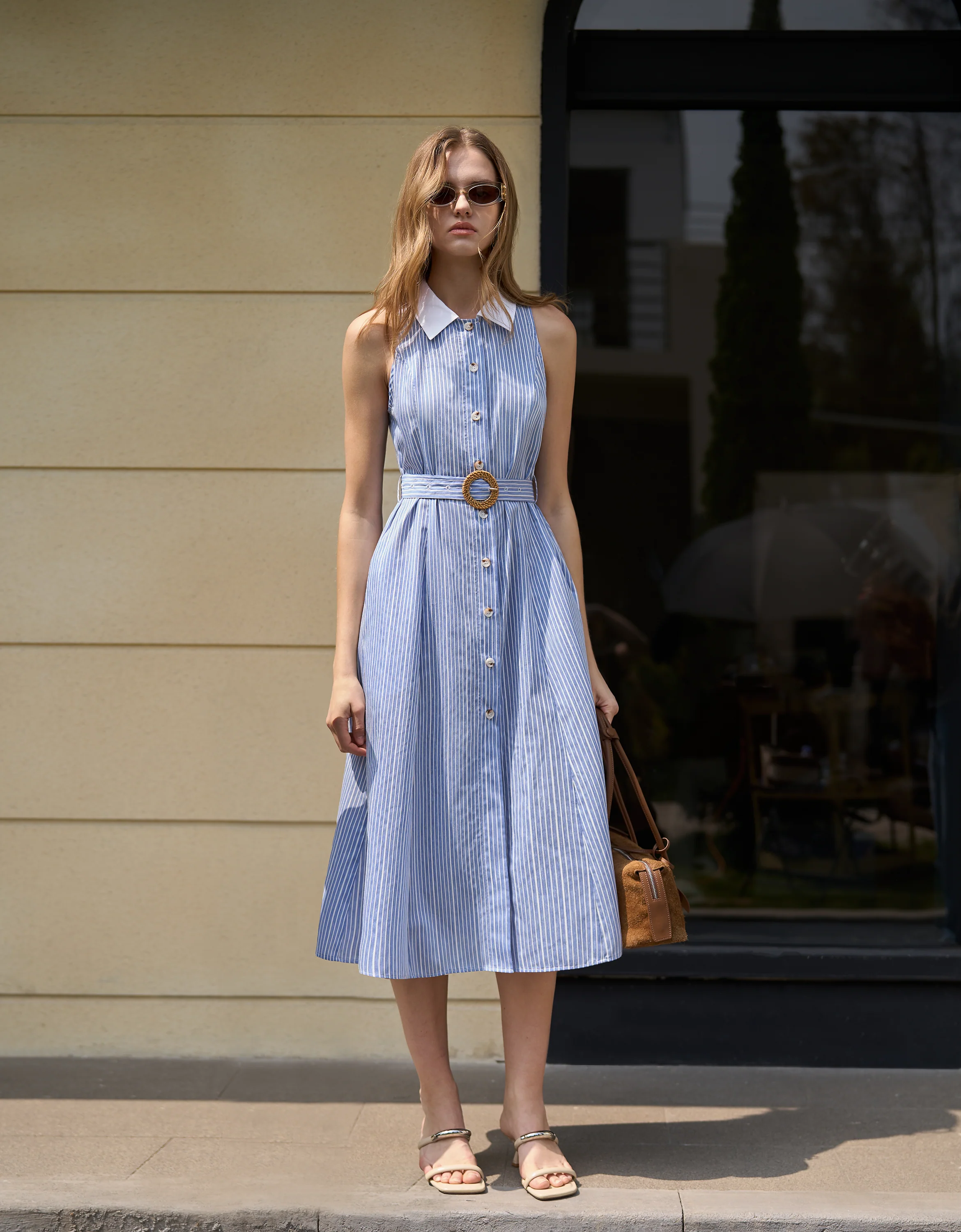 Contrast Collar Striped Midi Dress